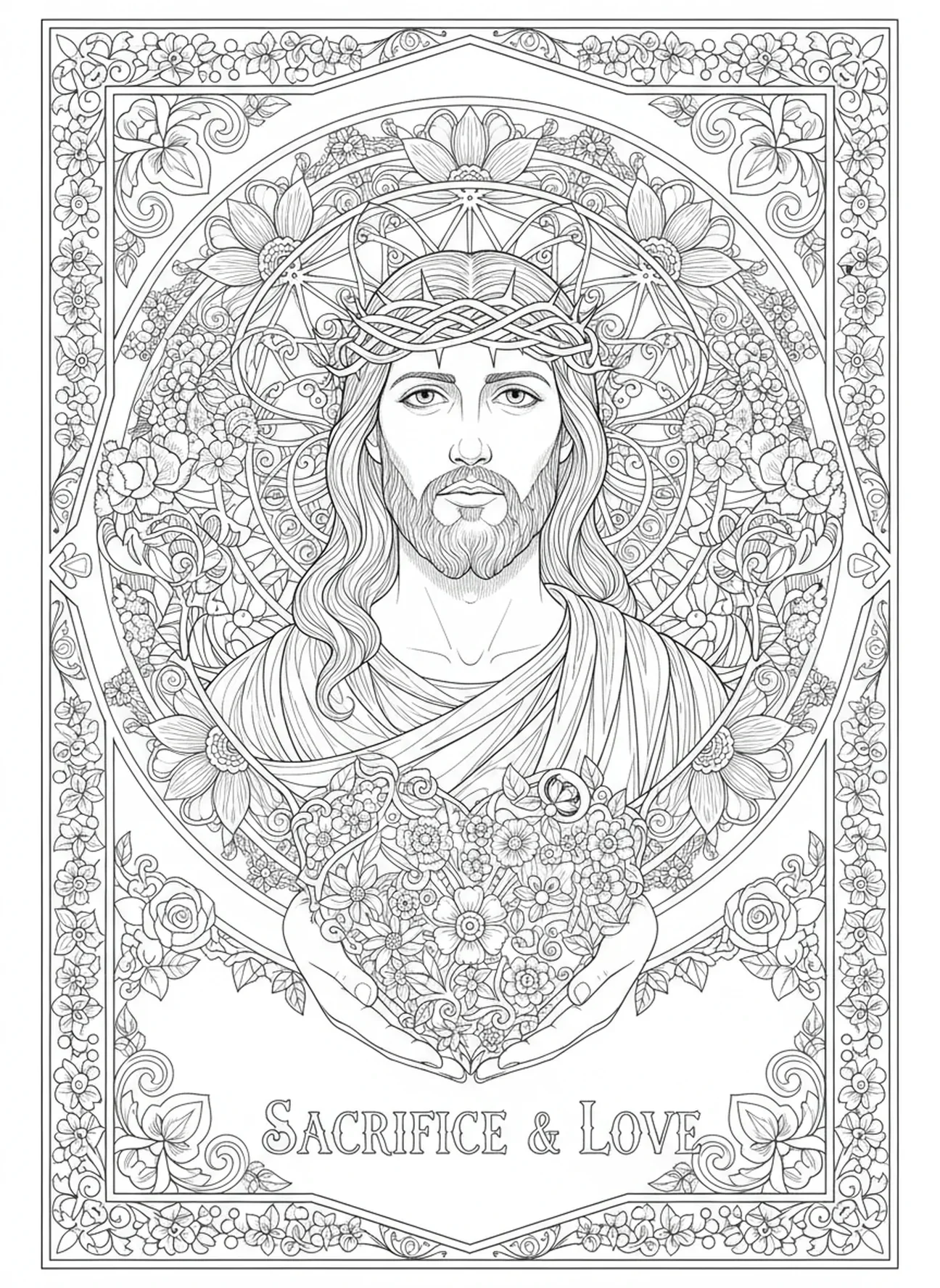 Jesus com coroa de espinhos, página de colorir do rosto de Jesus para adultos no estilo de journaling bíblico.