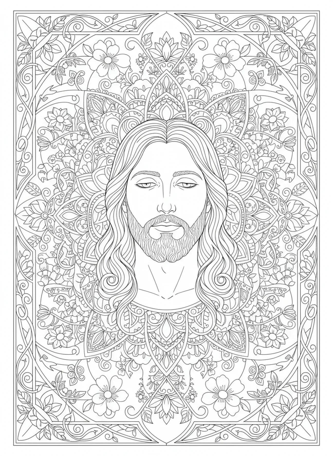 Rosto sereno de Jesus, página para colorir Rosto de Jesus no estilo de journaling bíblico para adultos.