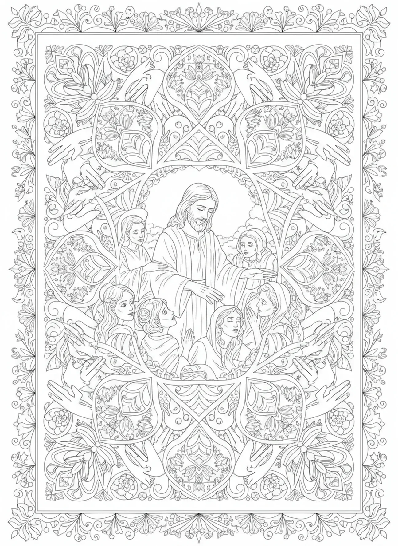 Jesus curando os enfermos, página de colorir com o rosto de Jesus para adultos no estilo de journaling bíblico.