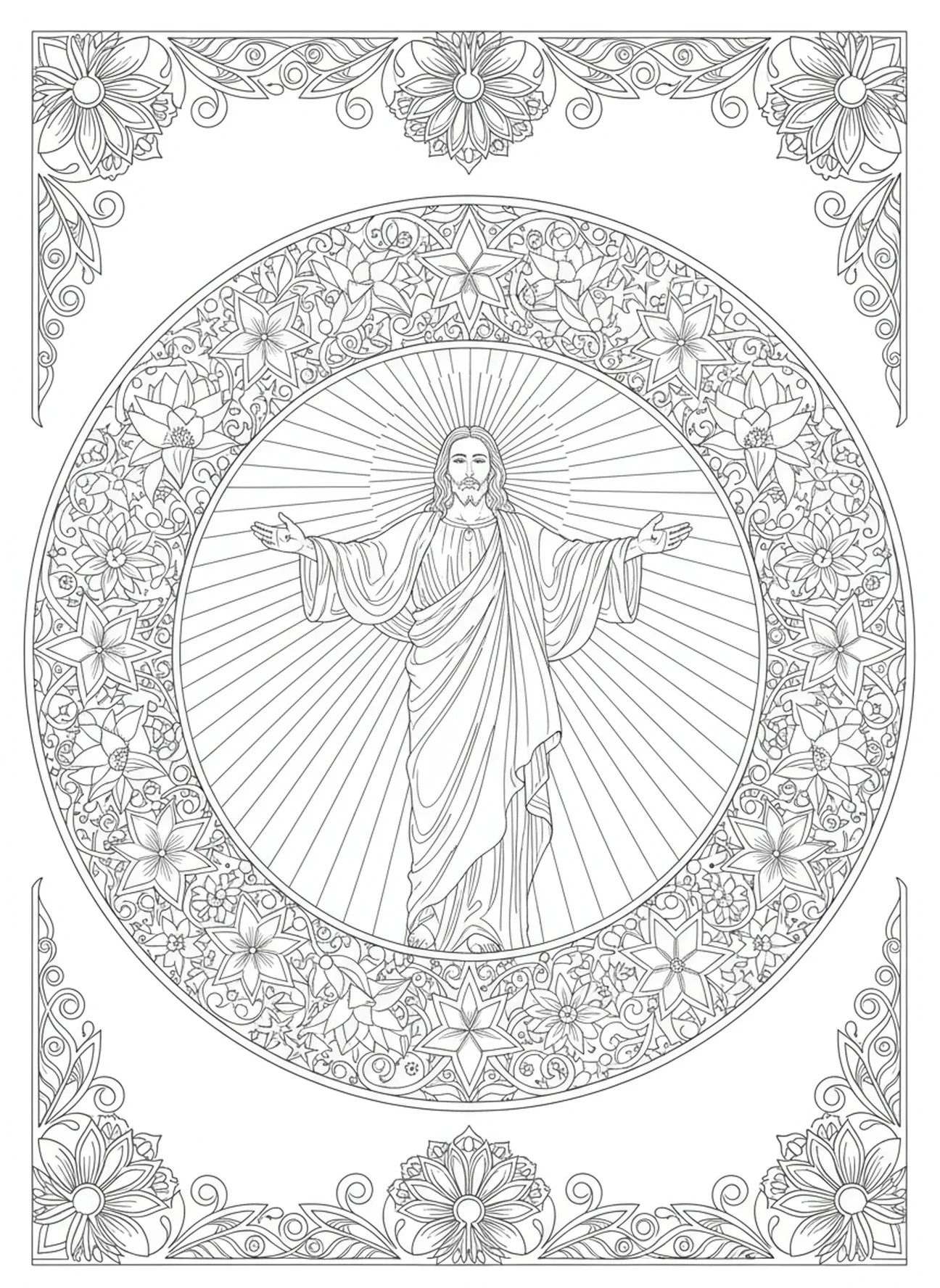Jesus Ressuscitado, página de colorir do rosto de Jesus para adultos no estilo de journaling bíblico.