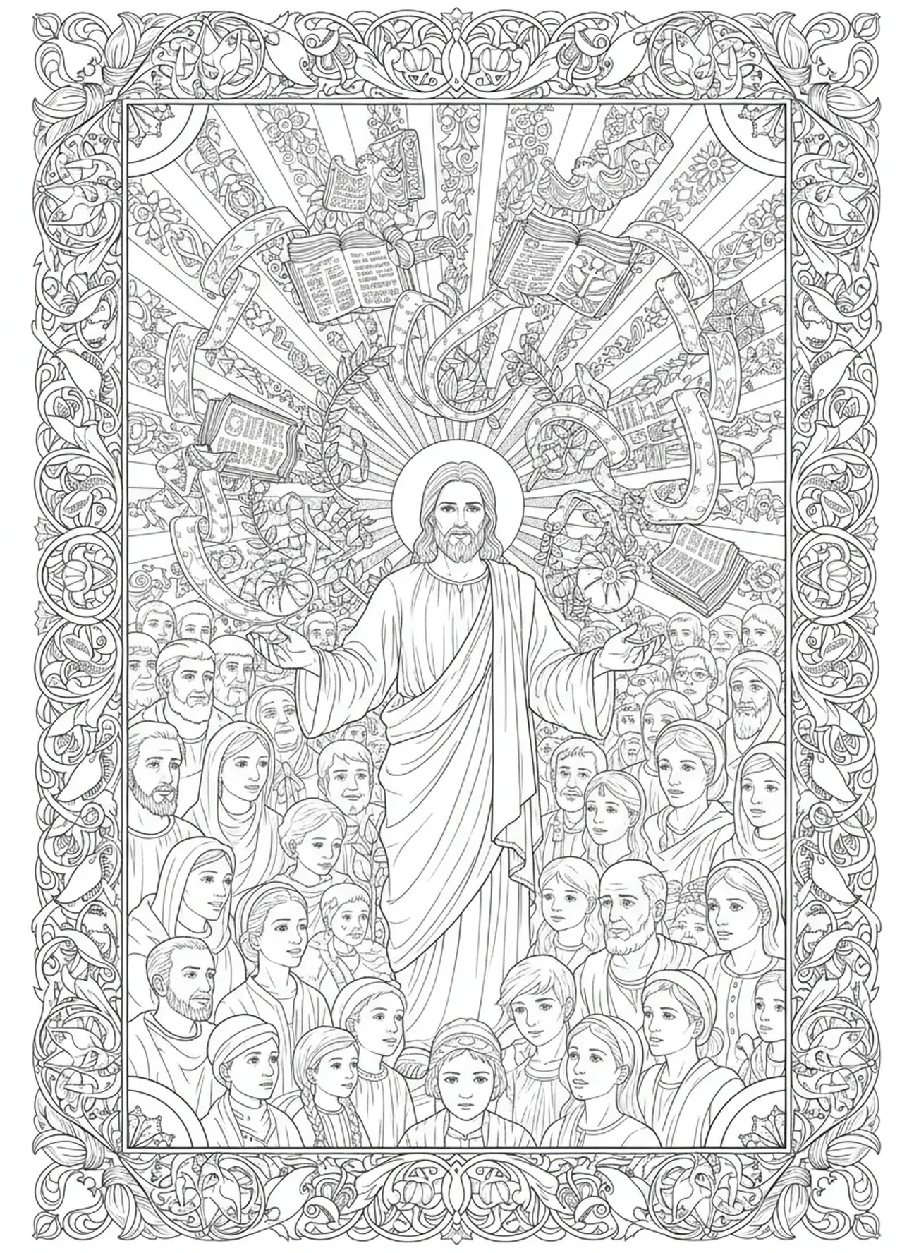 Jesus ensinando uma multidão, página para colorir com o rosto de Jesus no estilo de journaling bíblico para adultos.