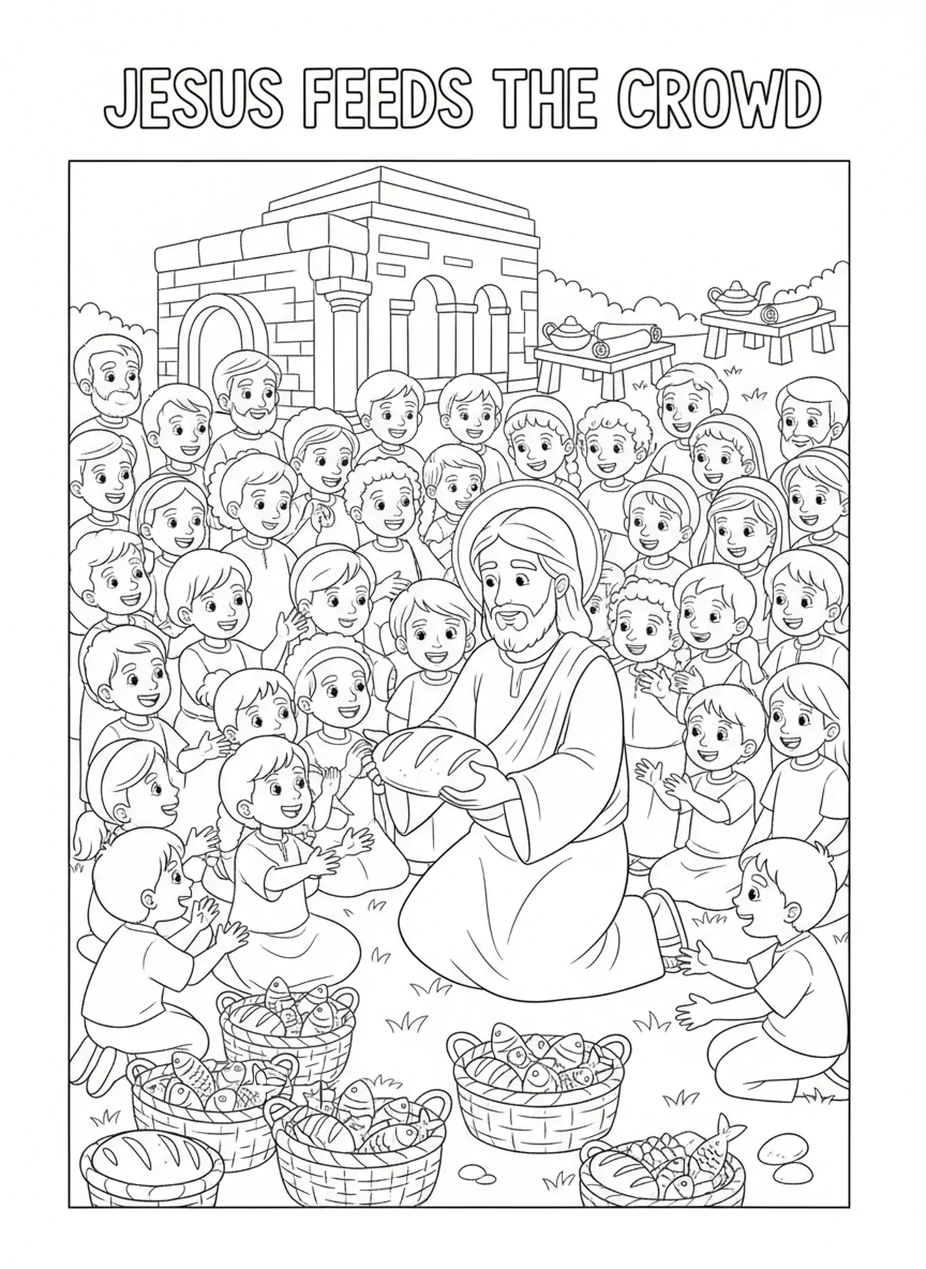 Jesus teilt Brote und Fische, Ausmalbild von Jesus für Kinder in der Sonntagsschule im Alter von 5-12 Jahren.