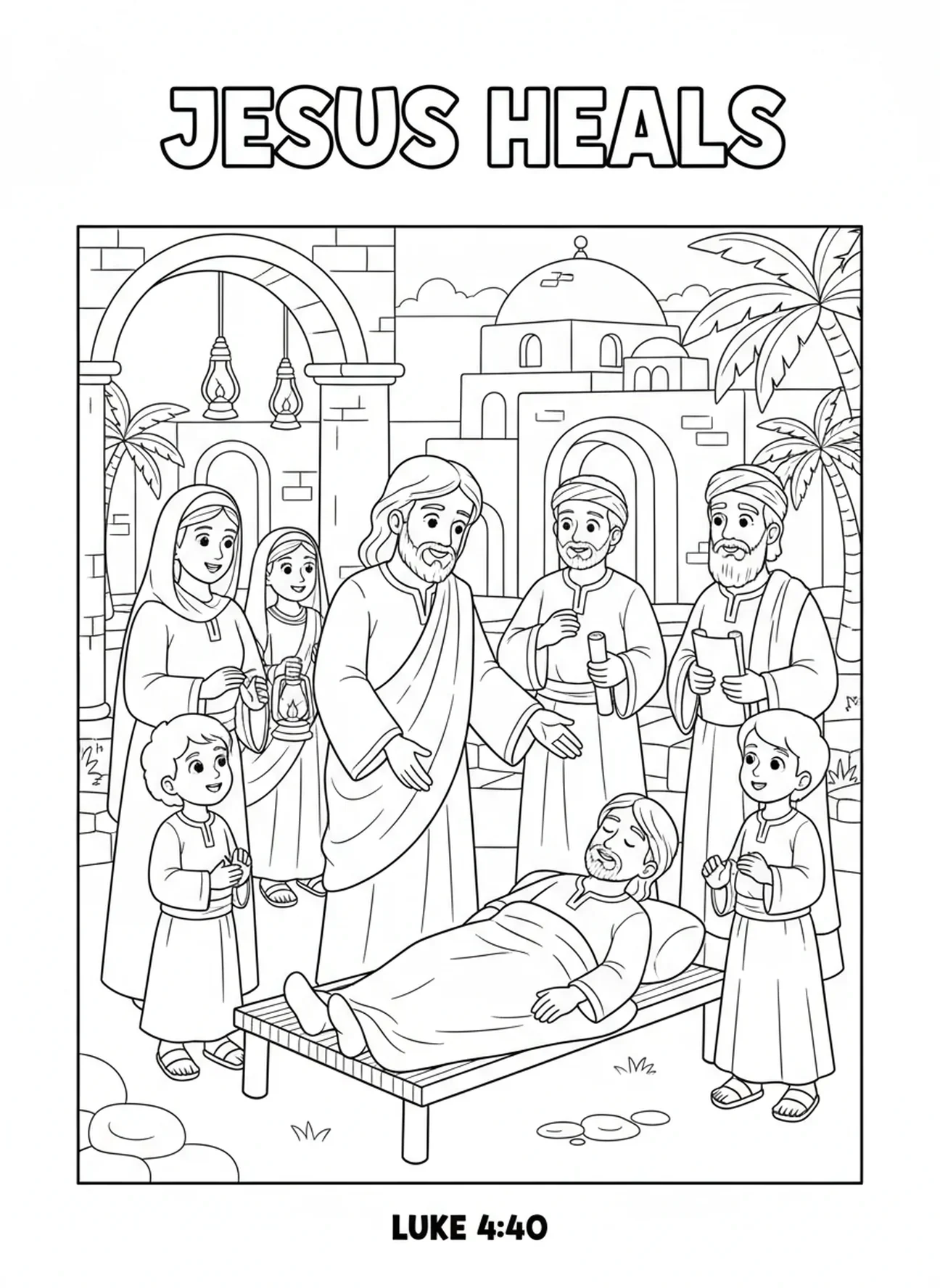 Jesus heilt eine kranke Person, Ausmalbild von Jesus für Sonntagsschulkinder im Alter von 5-12 Jahren.