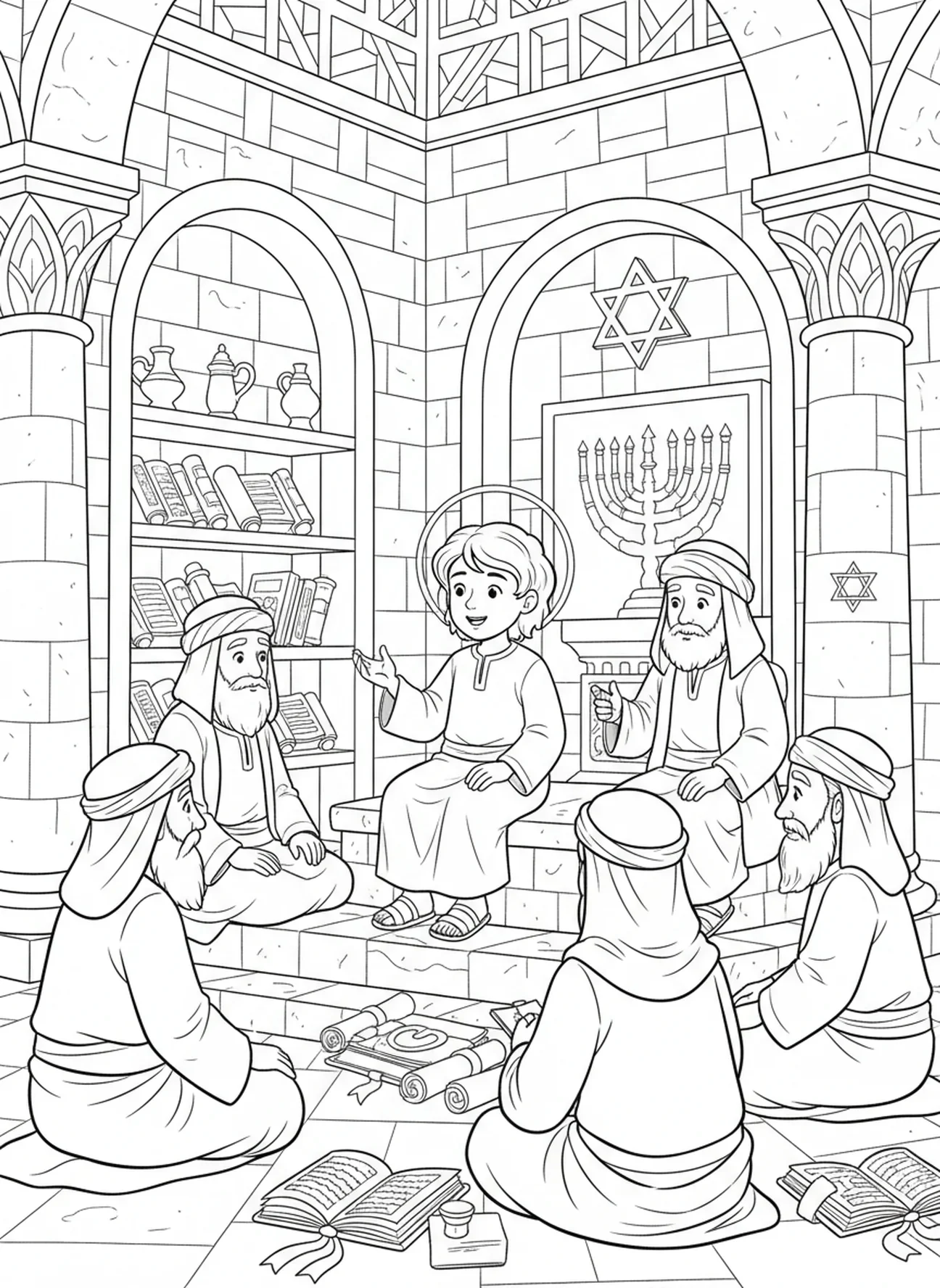 Der junge Jesus lehrt im Tempel, Ausmalbild von Jesu Gesicht für Sonntagsschulkinder im Alter von 5-12 Jahren.