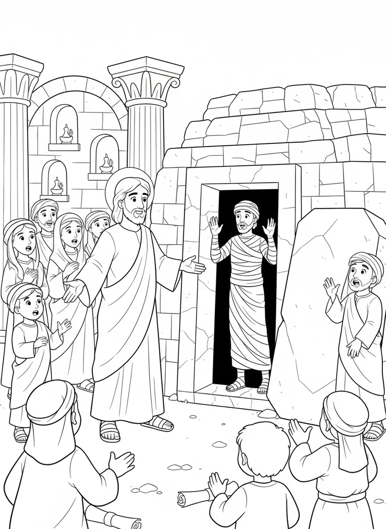 Jesus, der Lazarus aus dem Grab auferweckt, Ausmalbild für Sonntagsschulkinder im Alter von 5-12 Jahren.
