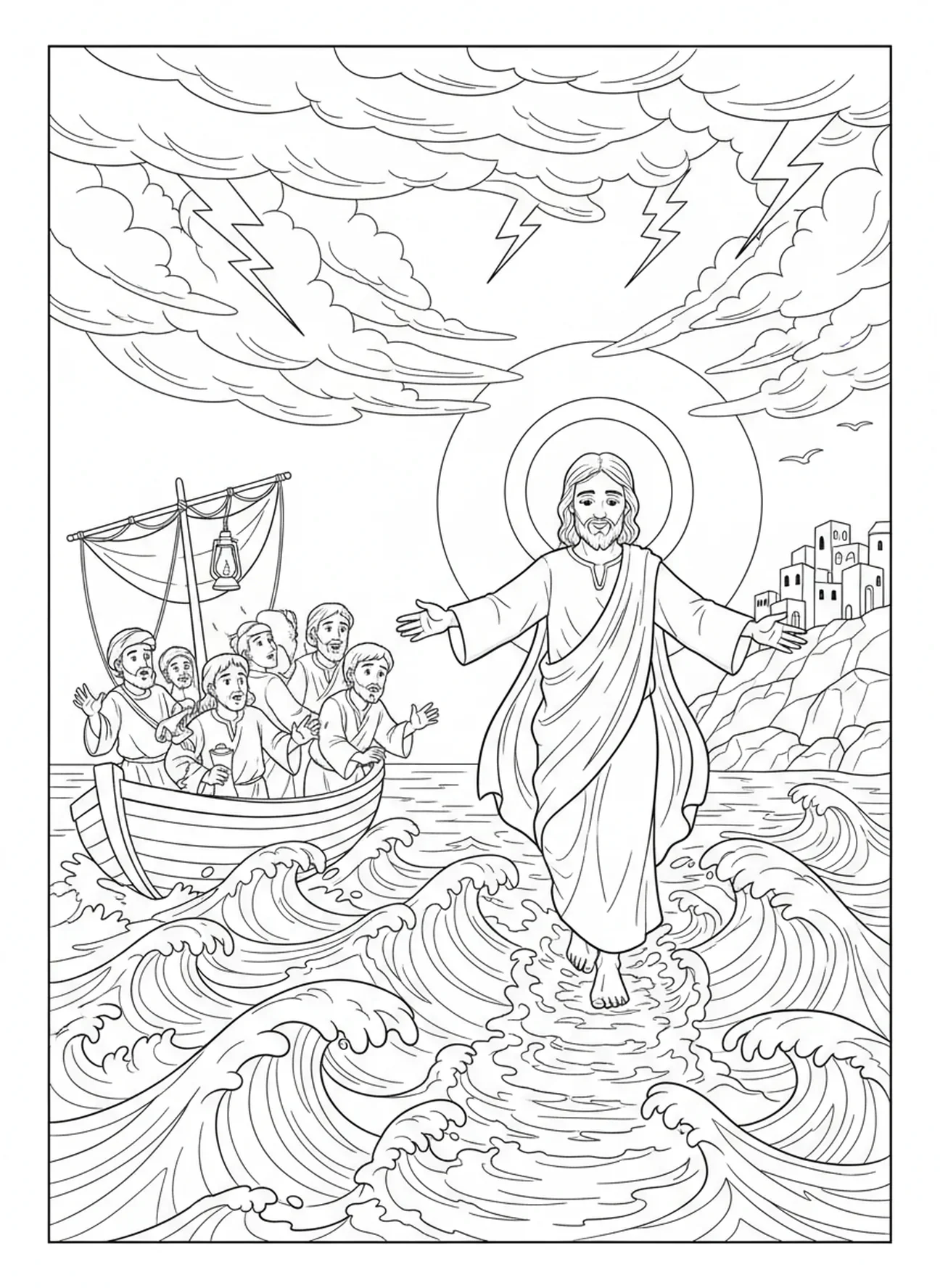 Jesus geht über das Wasser, Ausmalbild von Jesus für die Sonntagsschule für Kinder im Alter von 5-12 Jahren.