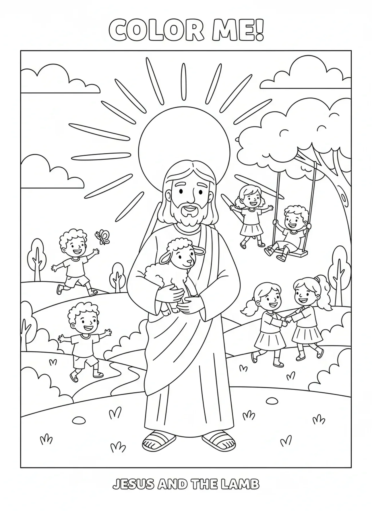 Jésus et l'agneau au coucher du soleil, page à colorier Jésus avec l'agneau pour les enfants de 5 à 10 ans.