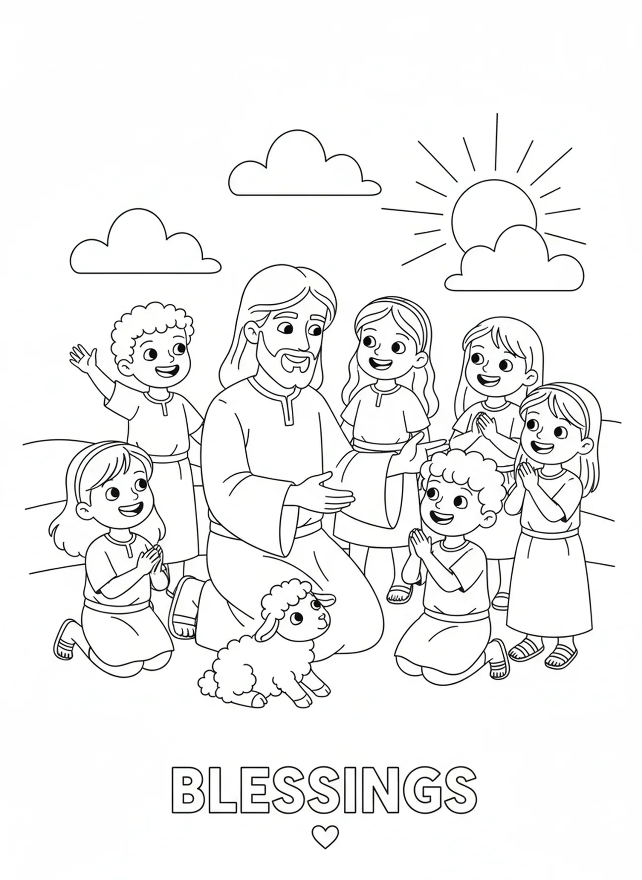 Jésus bénissant des enfants, page à colorier Jésus avec un agneau pour les enfants de 5 à 10 ans.