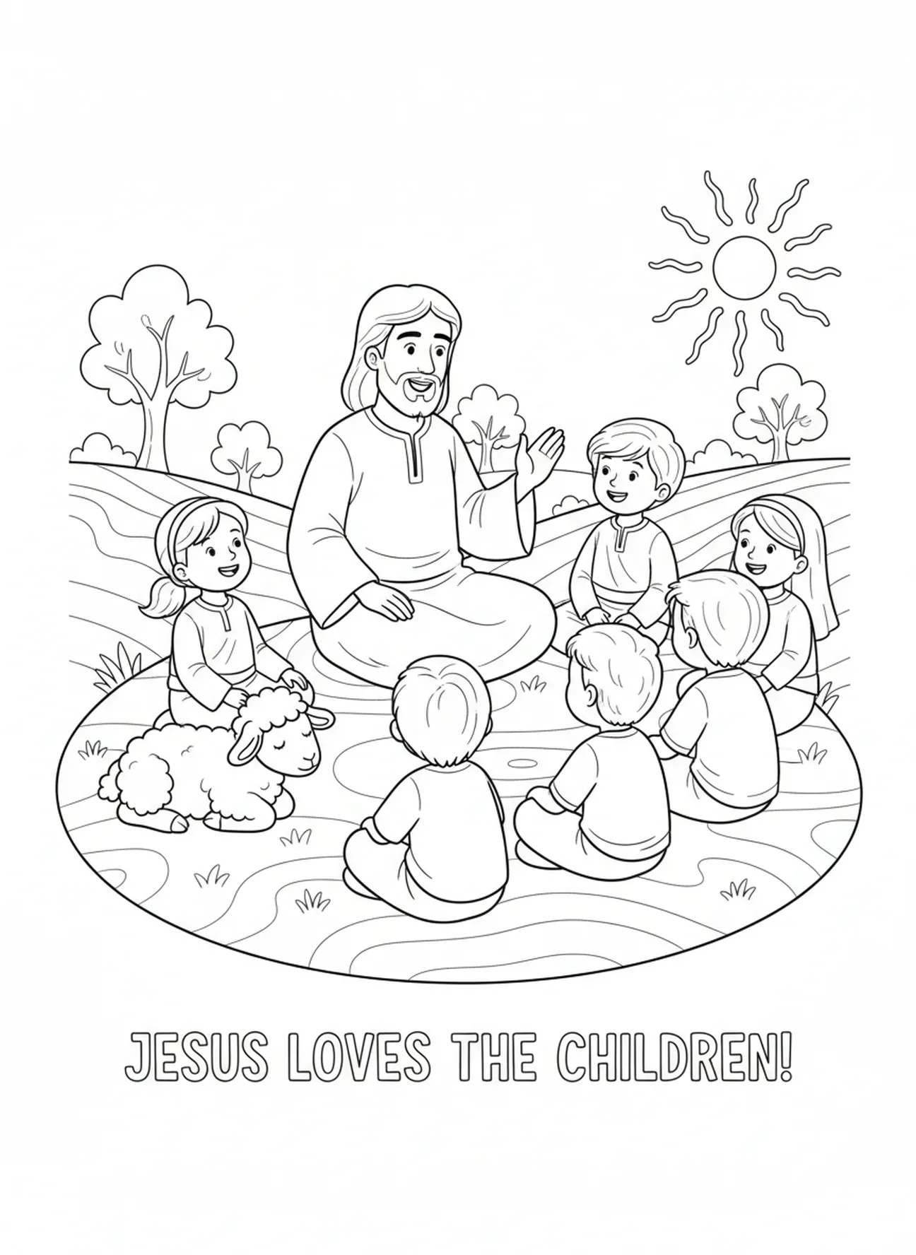 Jésus parlant aux enfants, page à colorier Jésus avec un agneau pour les enfants de 5 à 10 ans.