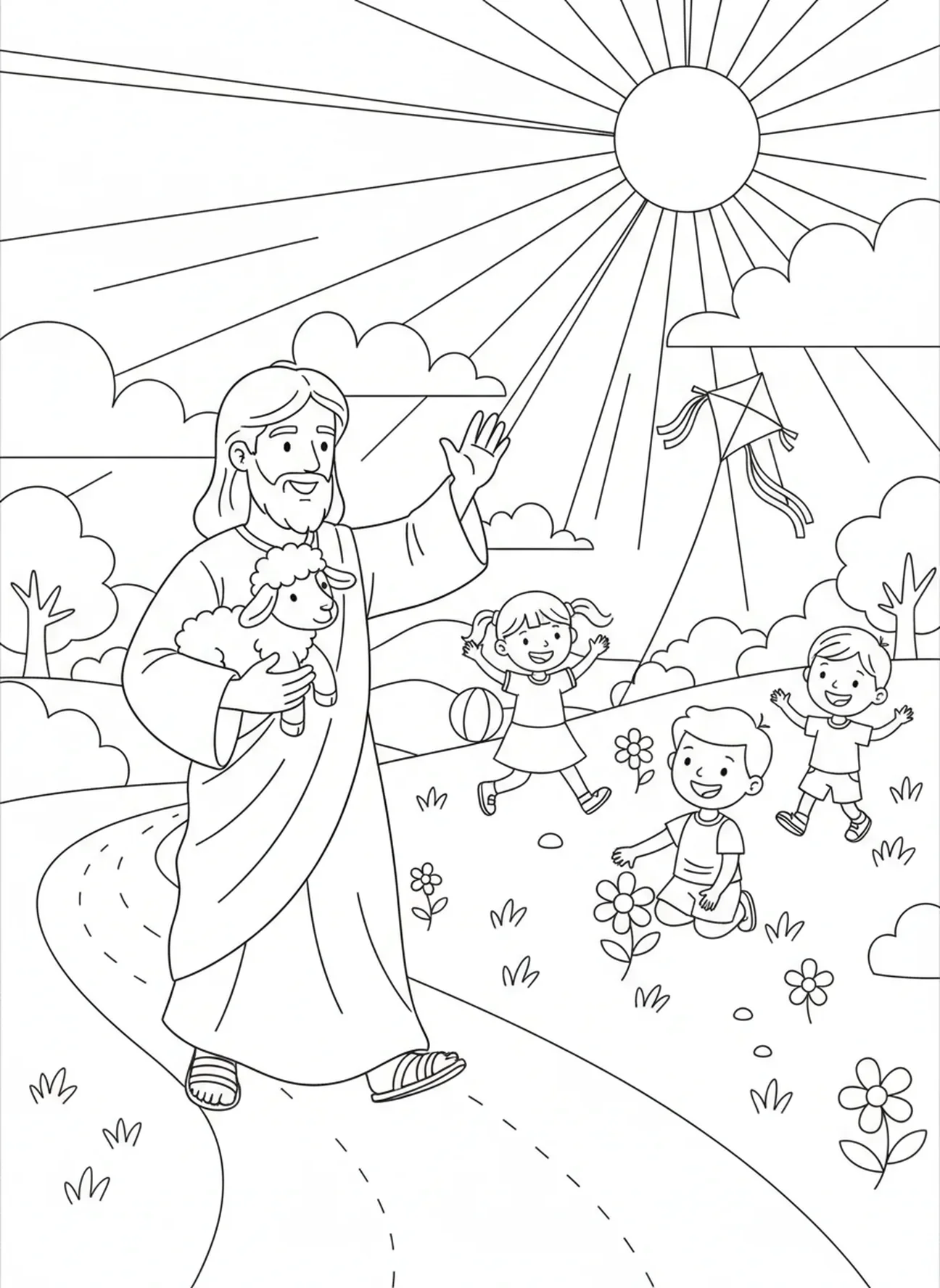 Jésus marchant avec un agneau, page à colorier Jésus avec un agneau pour les enfants de 5 à 10 ans.