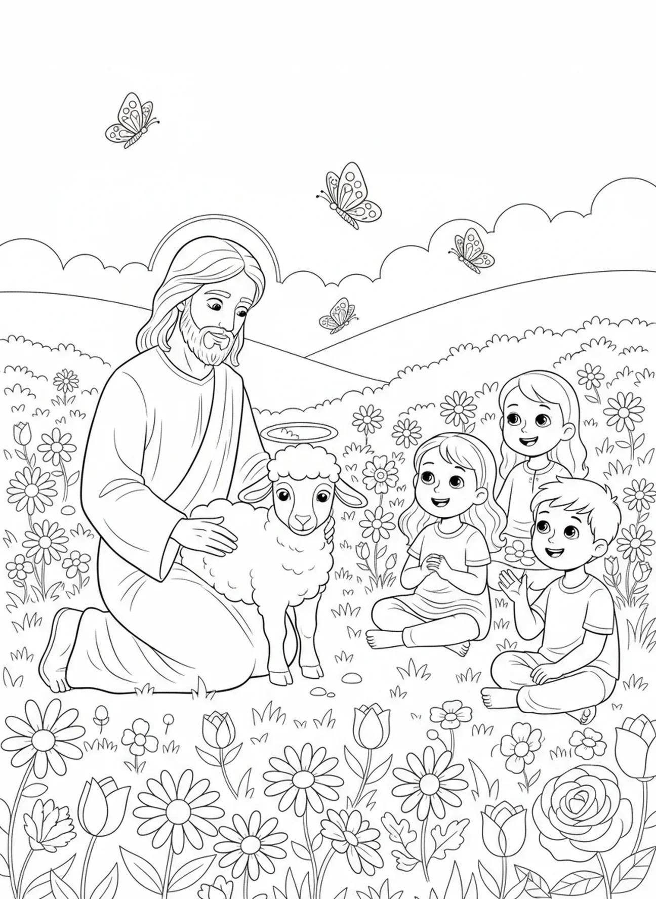 Jésus avec un agneau dans un champ, page à colorier Jésus avec un agneau pour les enfants de 5 à 10 ans.