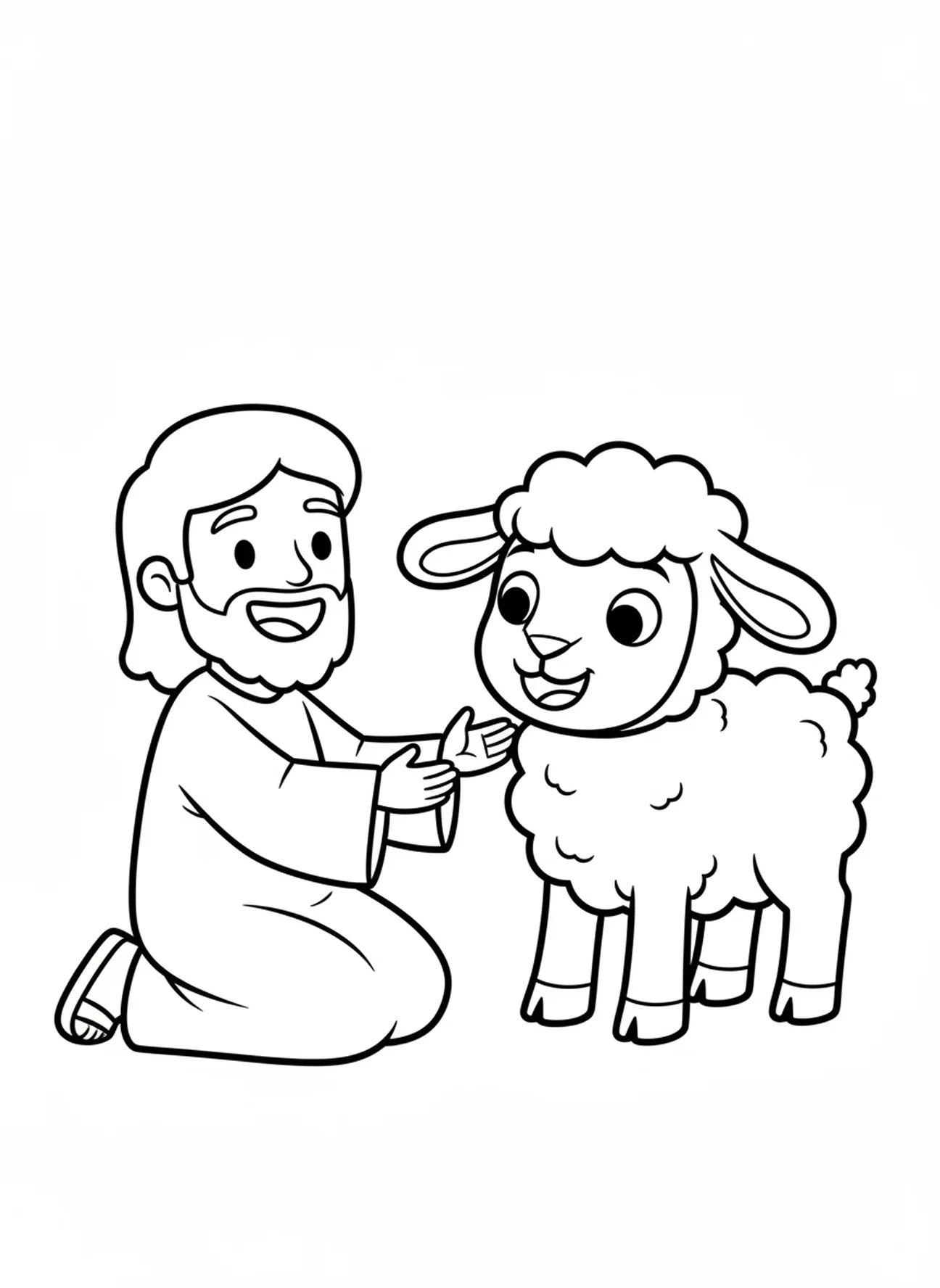 Jésus bénissant un agneau, page à colorier Jésus avec un agneau pour les enfants d'âge préscolaire de 3 à 5 ans.