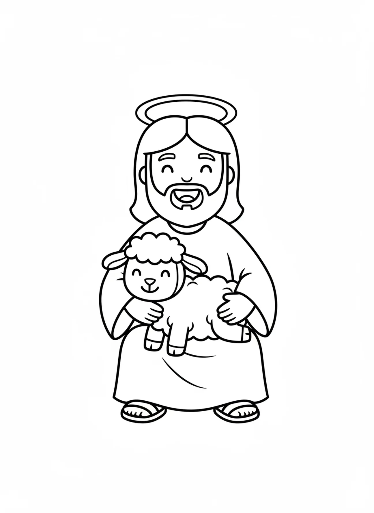 Jésus assis avec un agneau, page à colorier Jésus avec un agneau pour les enfants d'âge préscolaire de 3 à 5 ans.