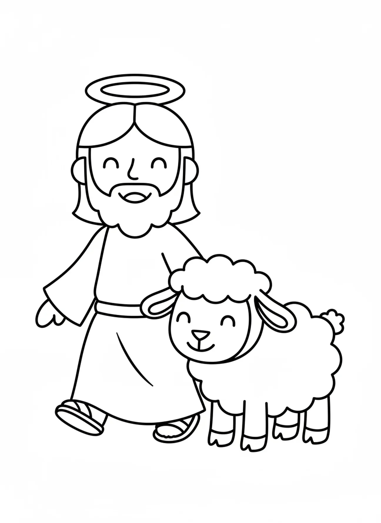 Jésus marchant avec un agneau, page à colorier Jésus avec un agneau pour les enfants d'âge préscolaire de 3 à 5 ans.