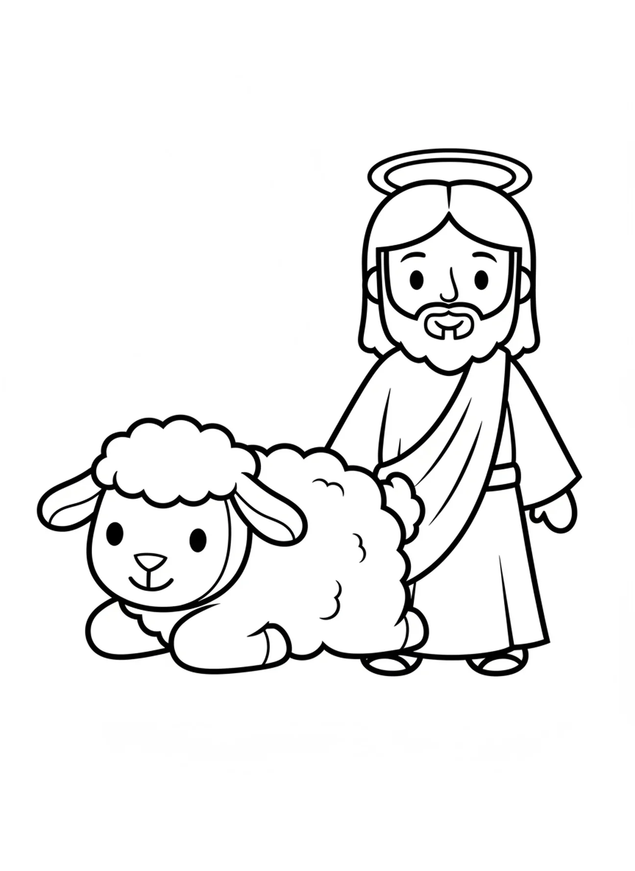 Agneau reposant près de Jésus, page à colorier Jésus avec l'agneau pour les enfants d'âge préscolaire de 3 à 5 ans.