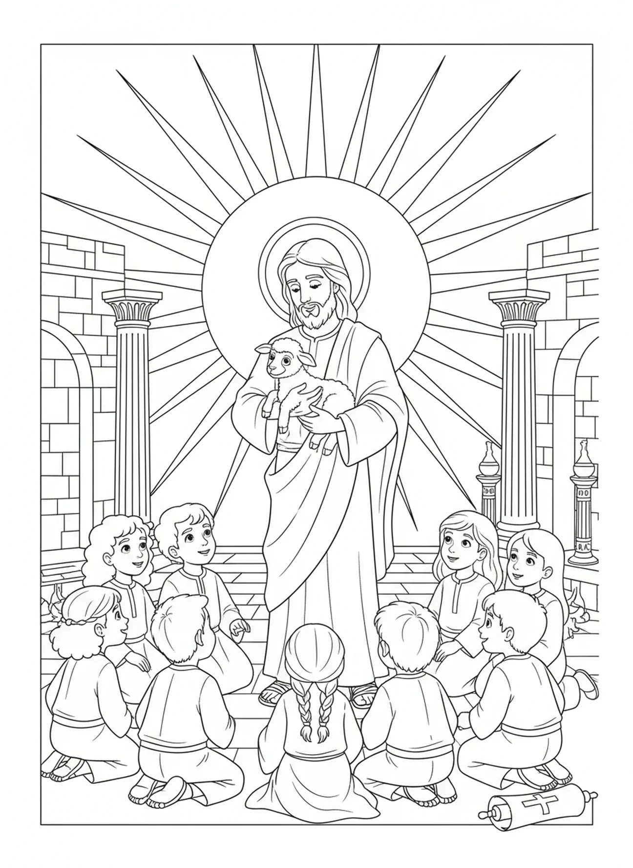 Jezus i baranek o zachodzie słońca, kolorowanka Jezus z barankiem dla dzieci w wieku 5-12 lat na katechezie.