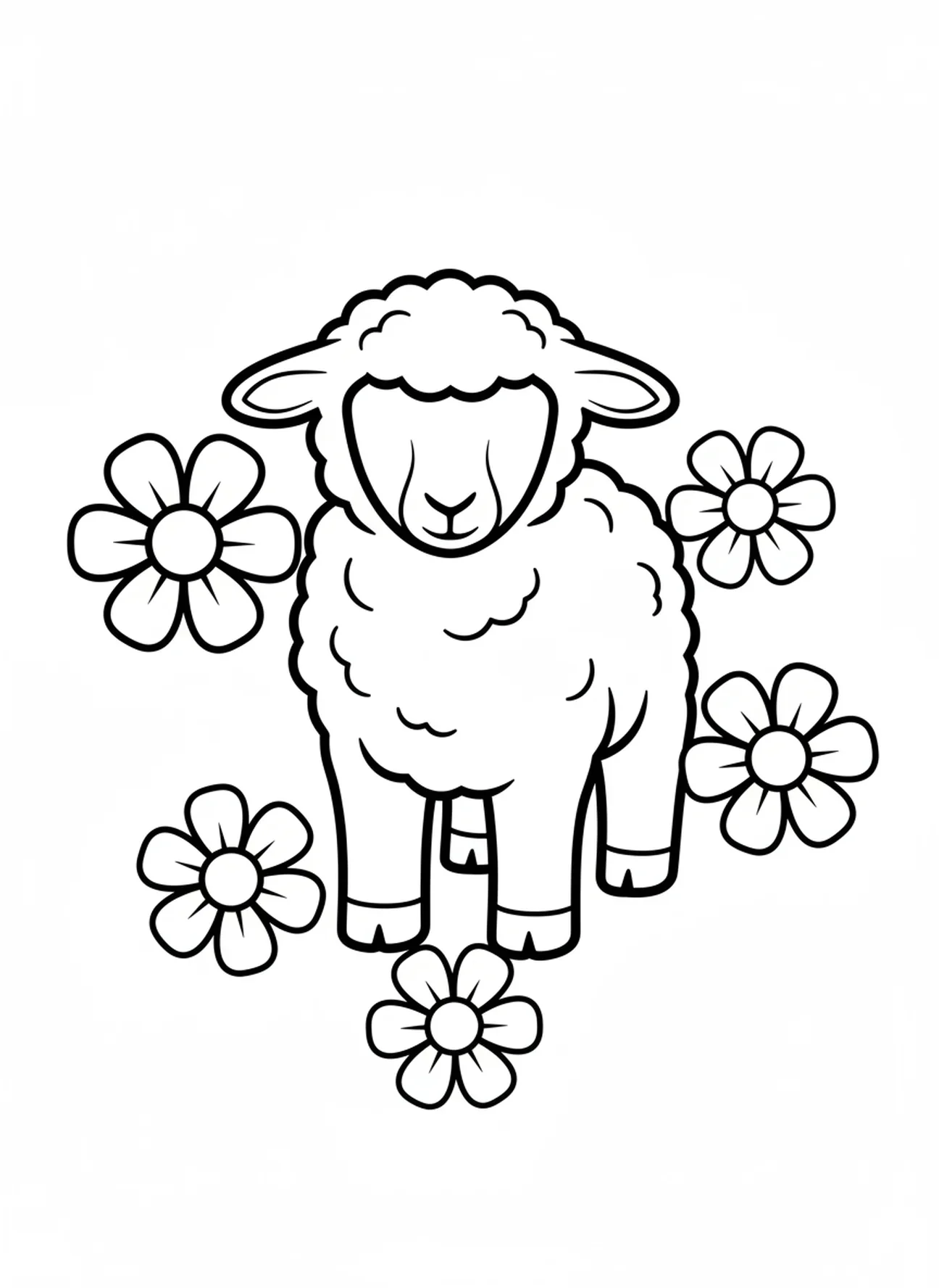 Agneau entouré de fleurs, page à colorier Jésus avec l'Agneau pour les tout-petits de 2 à 3 ans.