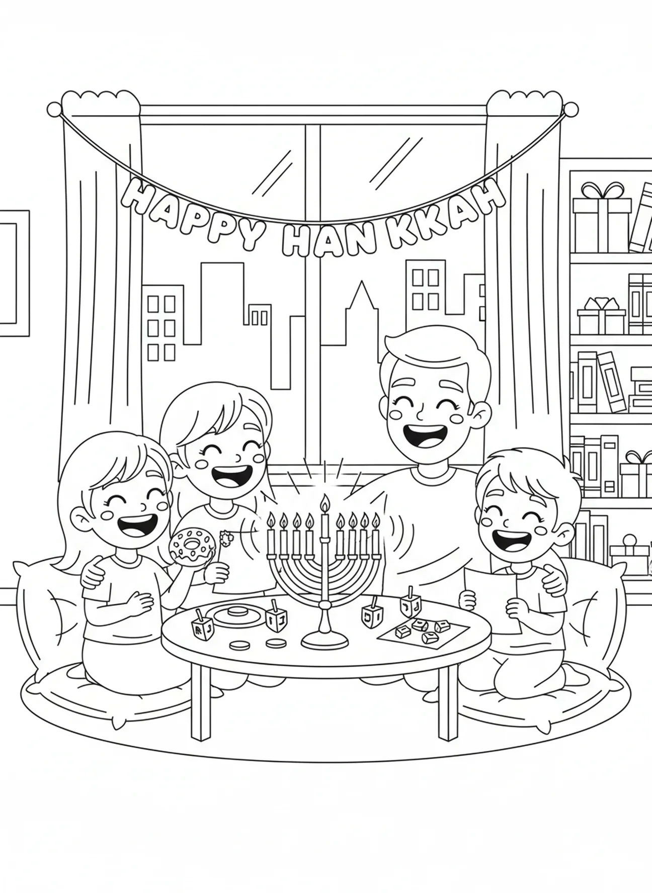 Wesołe spotkanie rodzinne, kolorowanka na Hanukę dla dzieci w wieku 5-10 lat