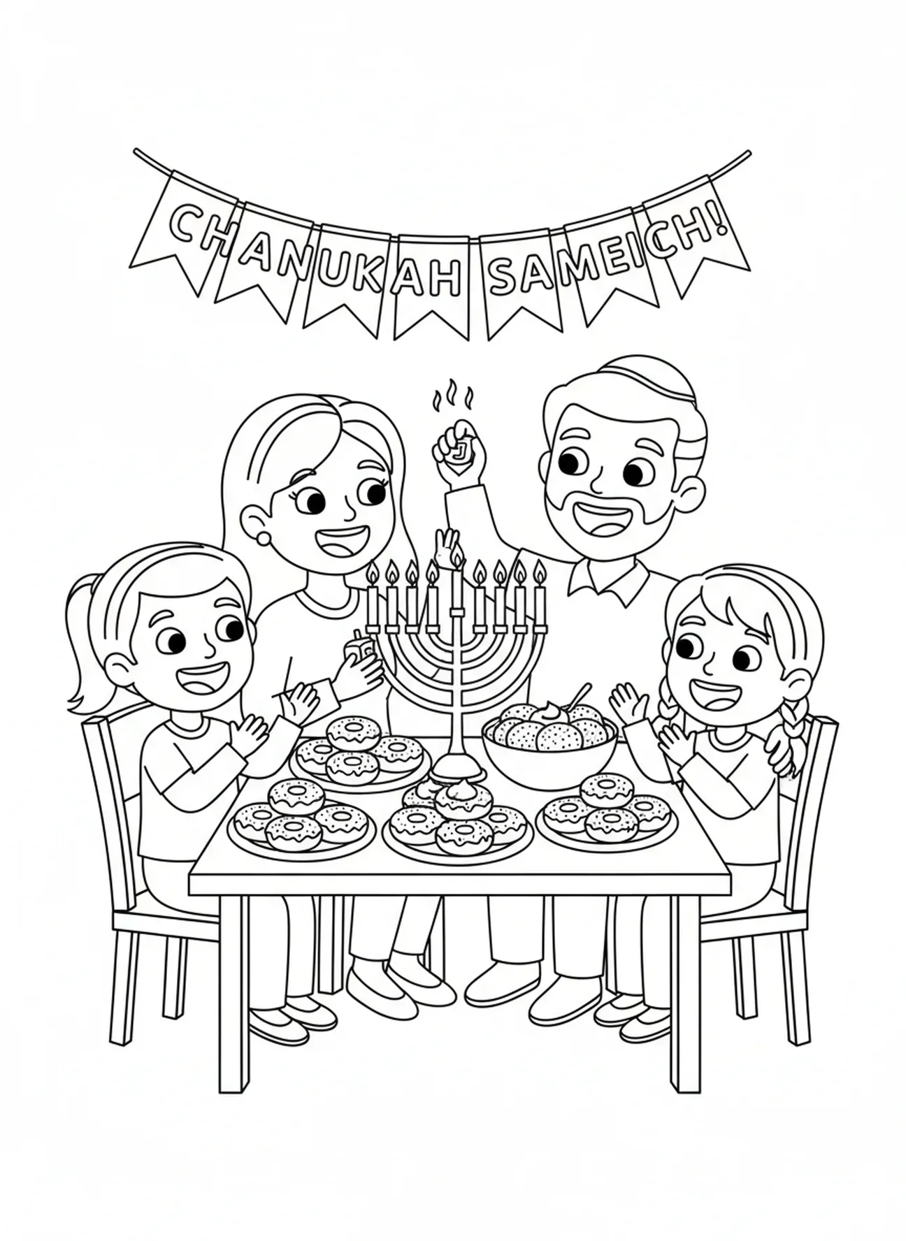 Rodzina ciesząca się ucztą Hanukkah, kolorowanka Hanukkah dla dzieci w wieku 5-10 lat