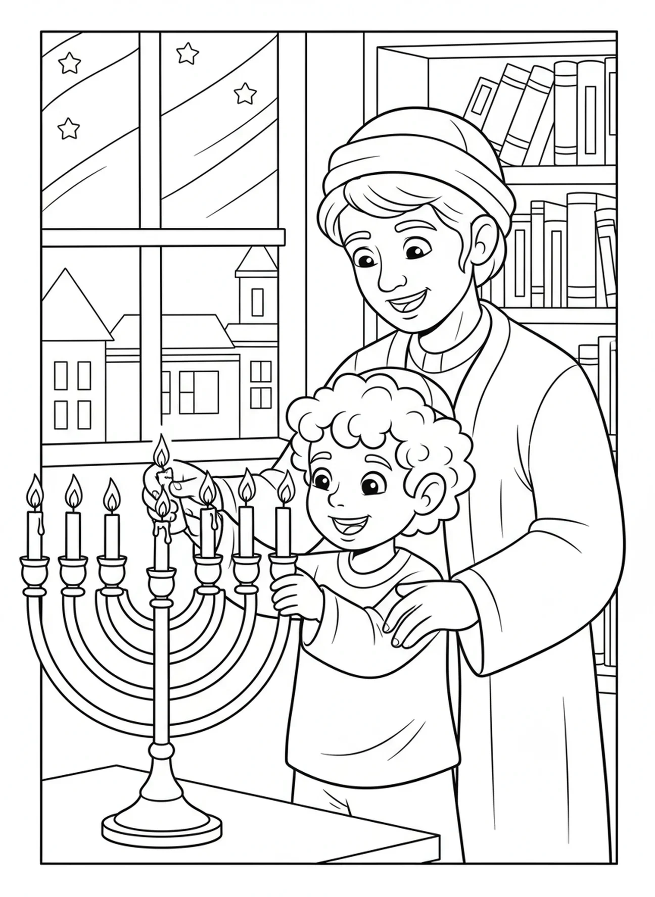 Dziecko zapalające świece na menorze, kolorowanka na Hanukę dla dzieci w wieku 5-10 lat