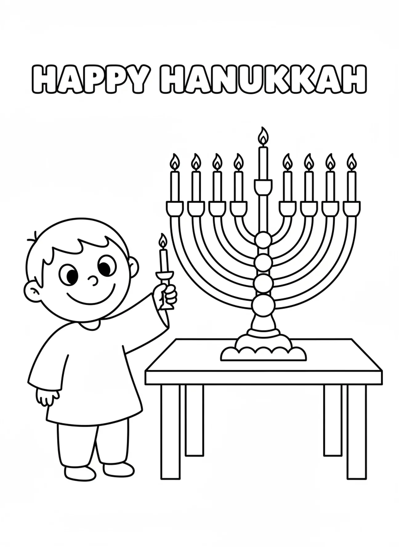 Criança acendendo velas da menorá, página para colorir sobre Hanukkah para crianças de 3 a 5 anos