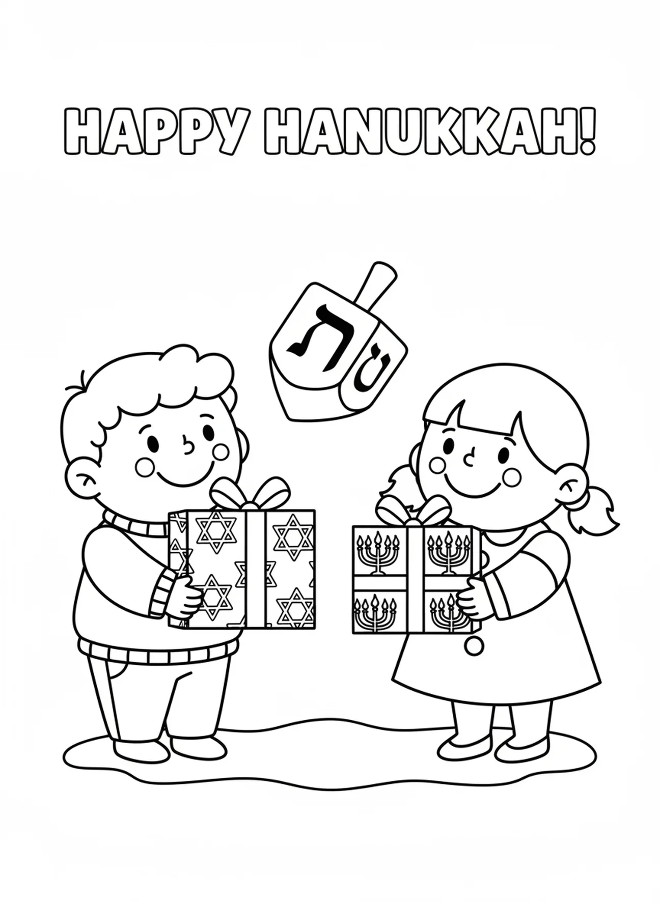 Duas amigas trocando presentes, página de colorir sobre Hanukkah para crianças de 3 a 5 anos