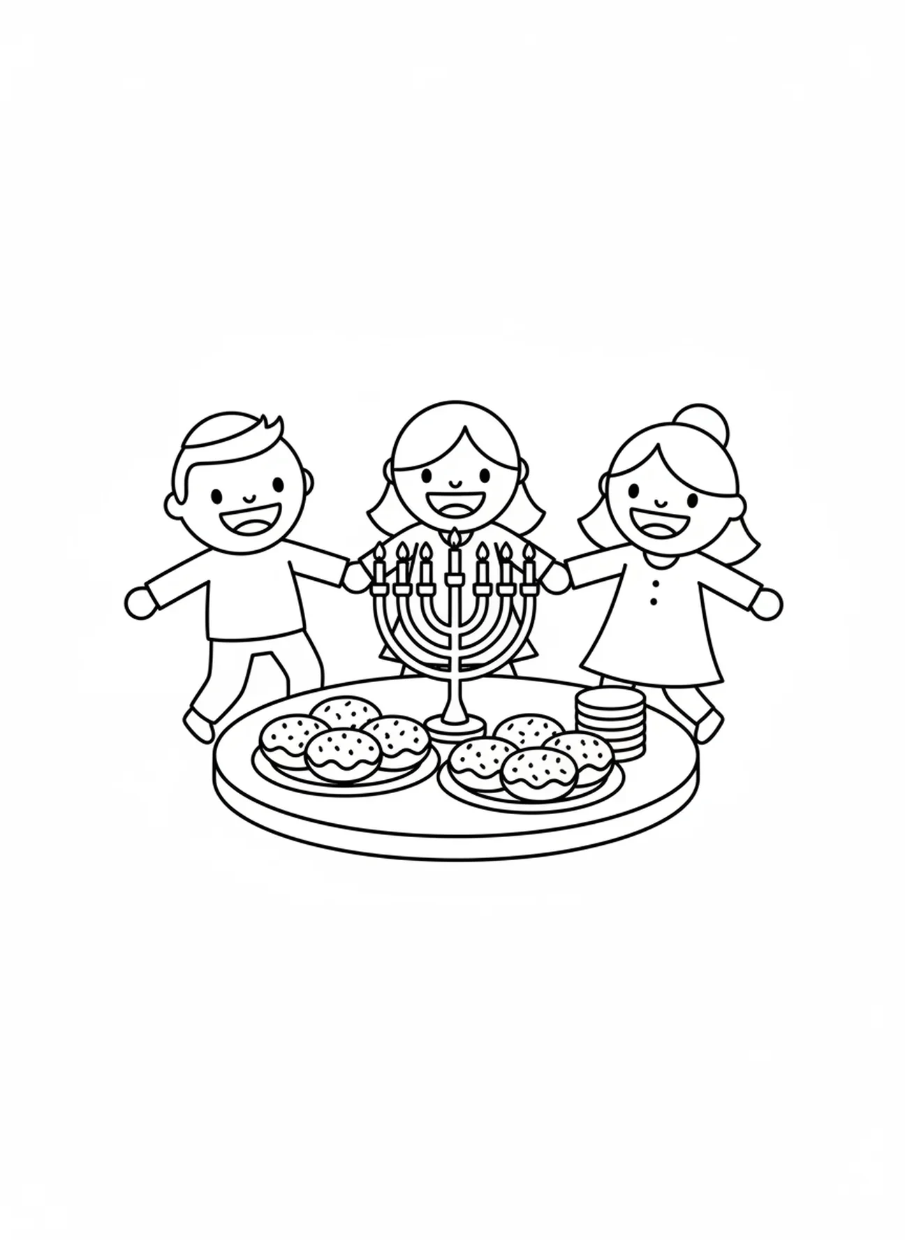 Família alegre celebrando o Hanukkah, página para colorir sobre o Hanukkah para crianças de 3 a 5 anos