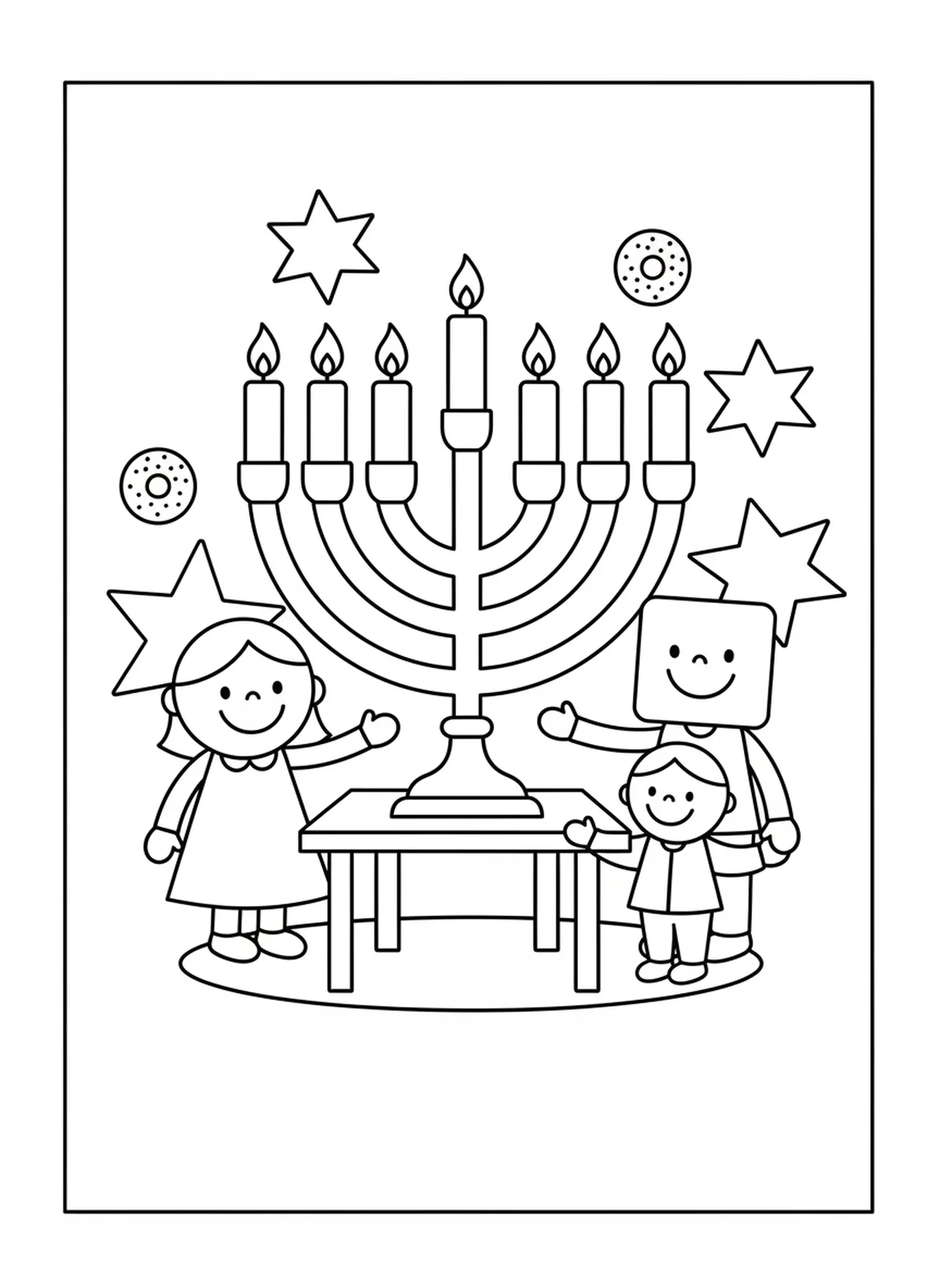 Família sorridente com menorá, página de colorir de Hanukkah para crianças de 3 a 5 anos