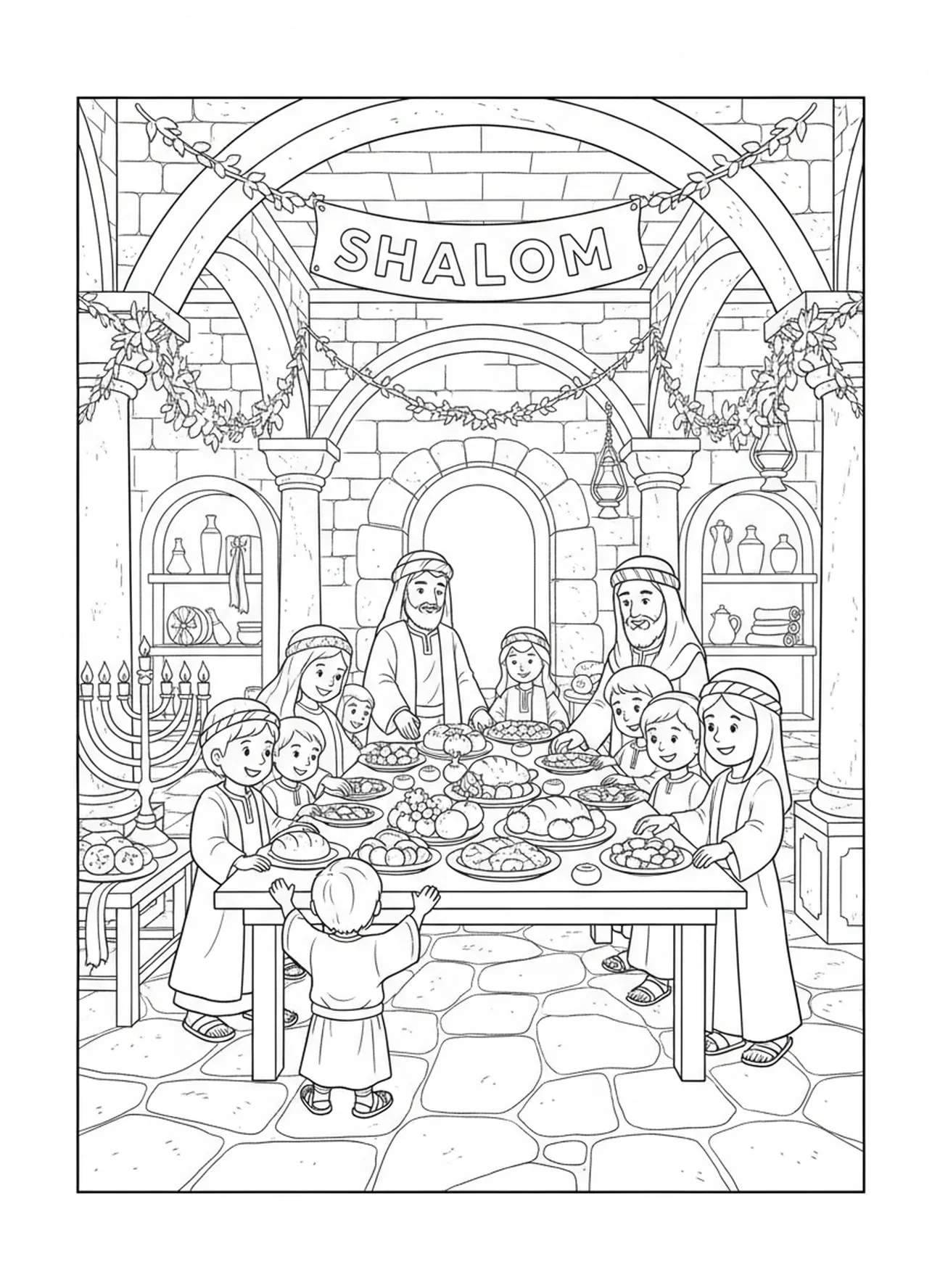 Famílias desfrutando de uma ceia de Hanukkah, página para colorir de Hanukkah para crianças da Escola Dominical de 5 a 12 anos.