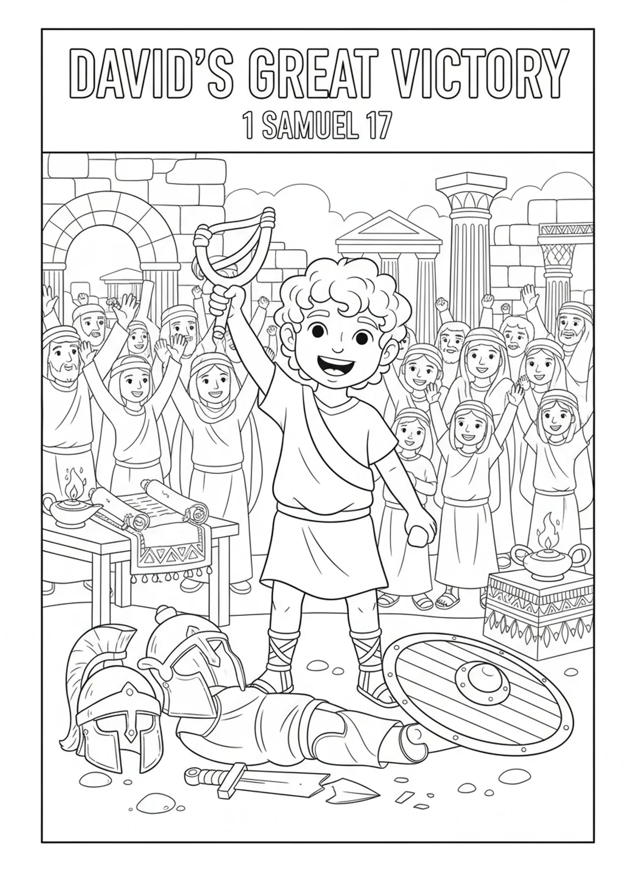Davi segurando uma funda, página para colorir sobre Hanukkah para crianças da Escola Dominical de 5 a 12 anos.