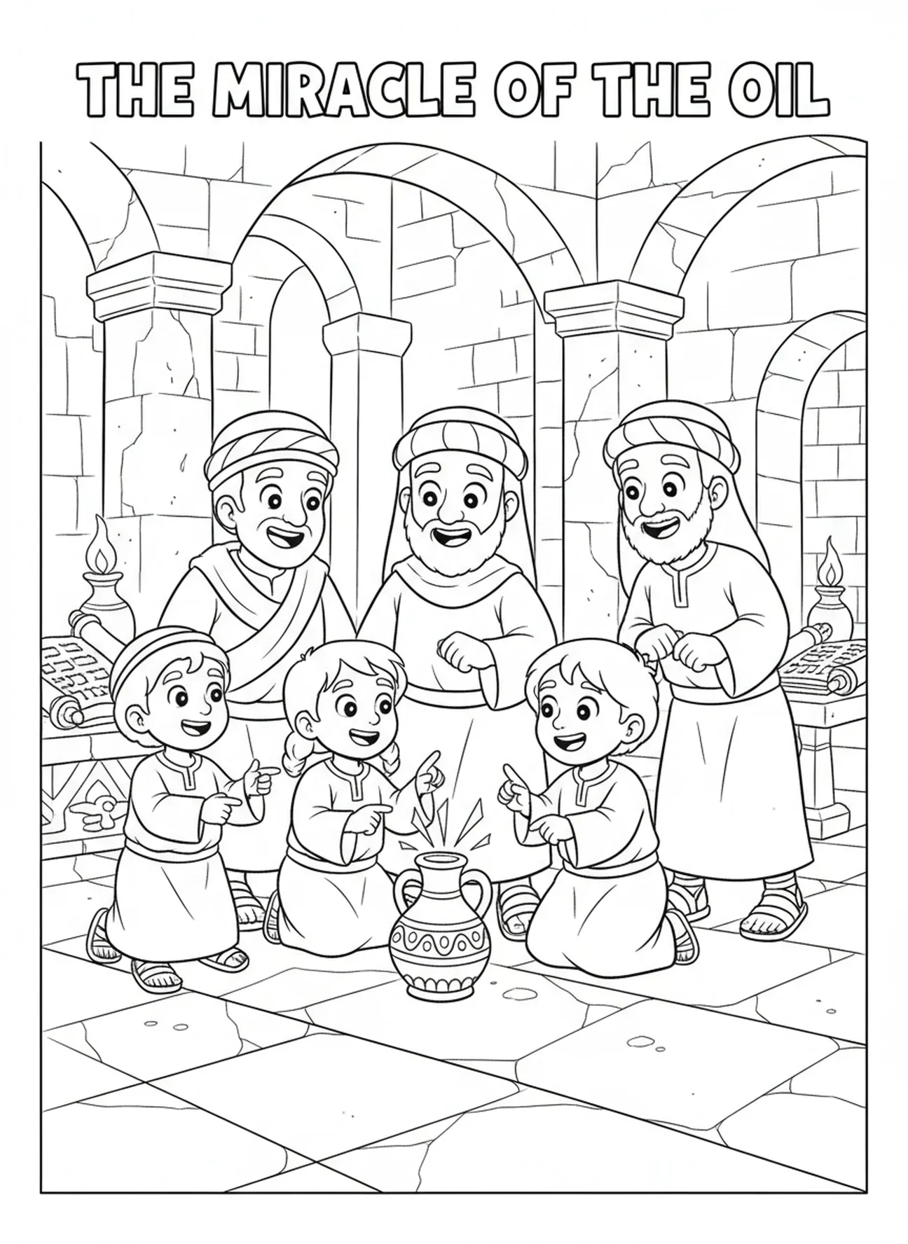 Macabeus descobrindo o jarro de óleo, página para colorir sobre Hanukkah para crianças da Escola Dominical de 5 a 12 anos.