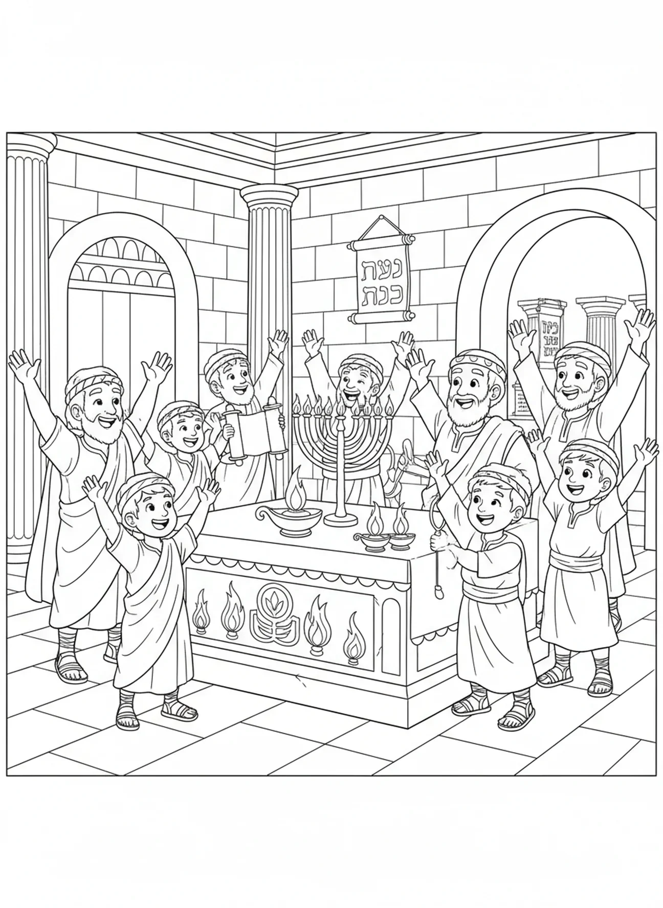 Macabeus celebrando a rededicação do templo, página para colorir de Hanukkah para crianças da Escola Dominical de 5 a 12 anos.