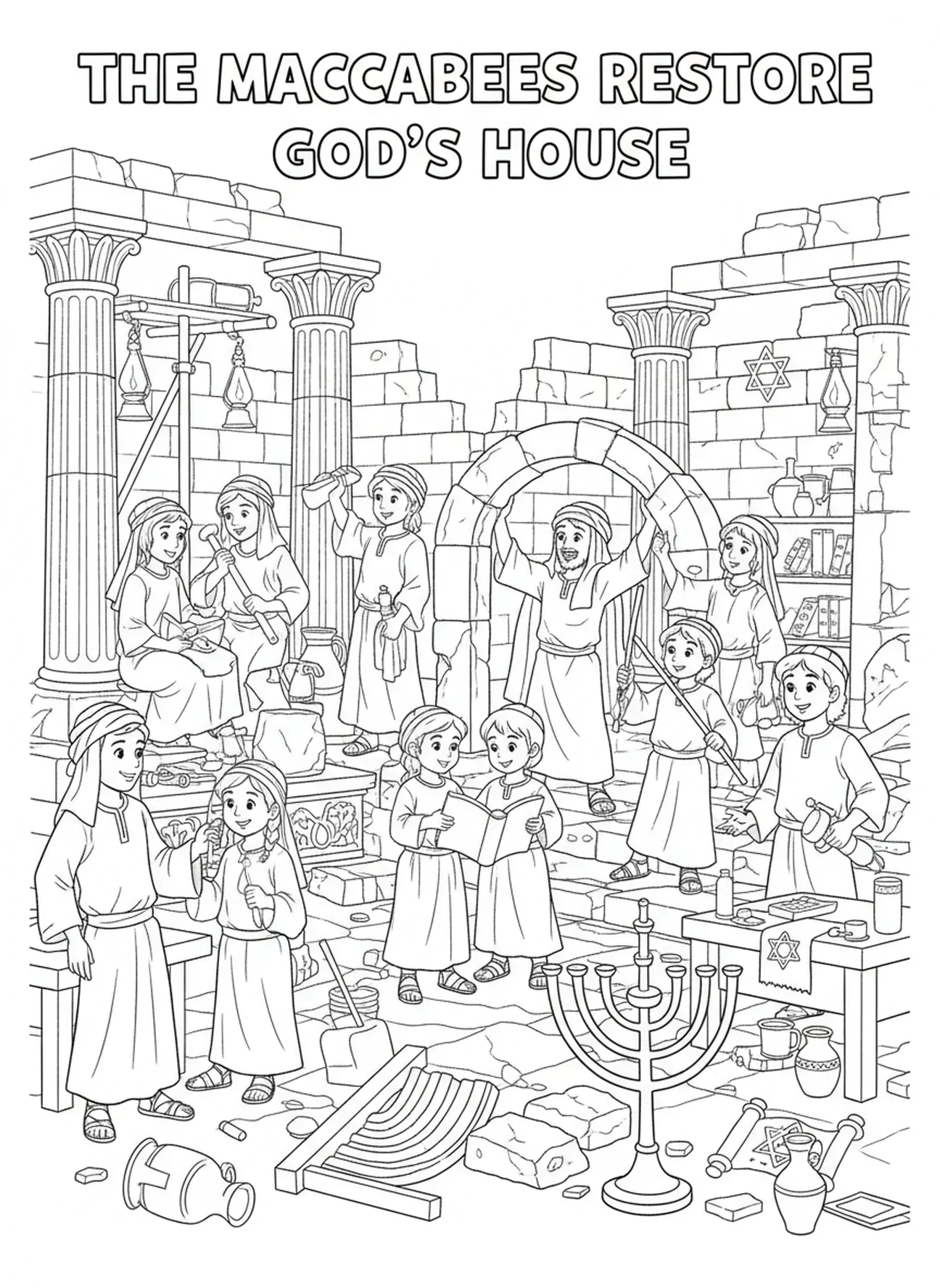 Macabeus restaurando o templo, página de colorir de Hanukkah para crianças da Escola Dominical de 5 a 12 anos.