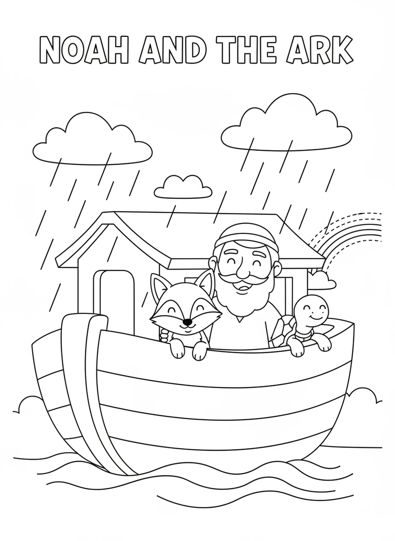 Noé e os animais observando a chuva, página para colorir com o tema Alegria para crianças de 5 a 10 anos