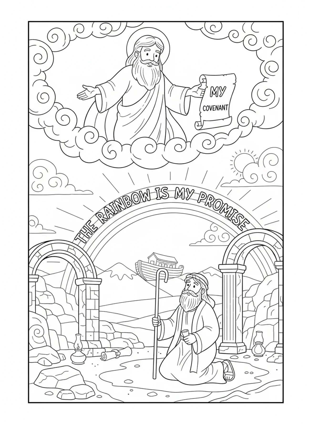 A promessa de Deus a Noé, página de colorir com tema de alegria para crianças da Escola Dominical de 5 a 12 anos.