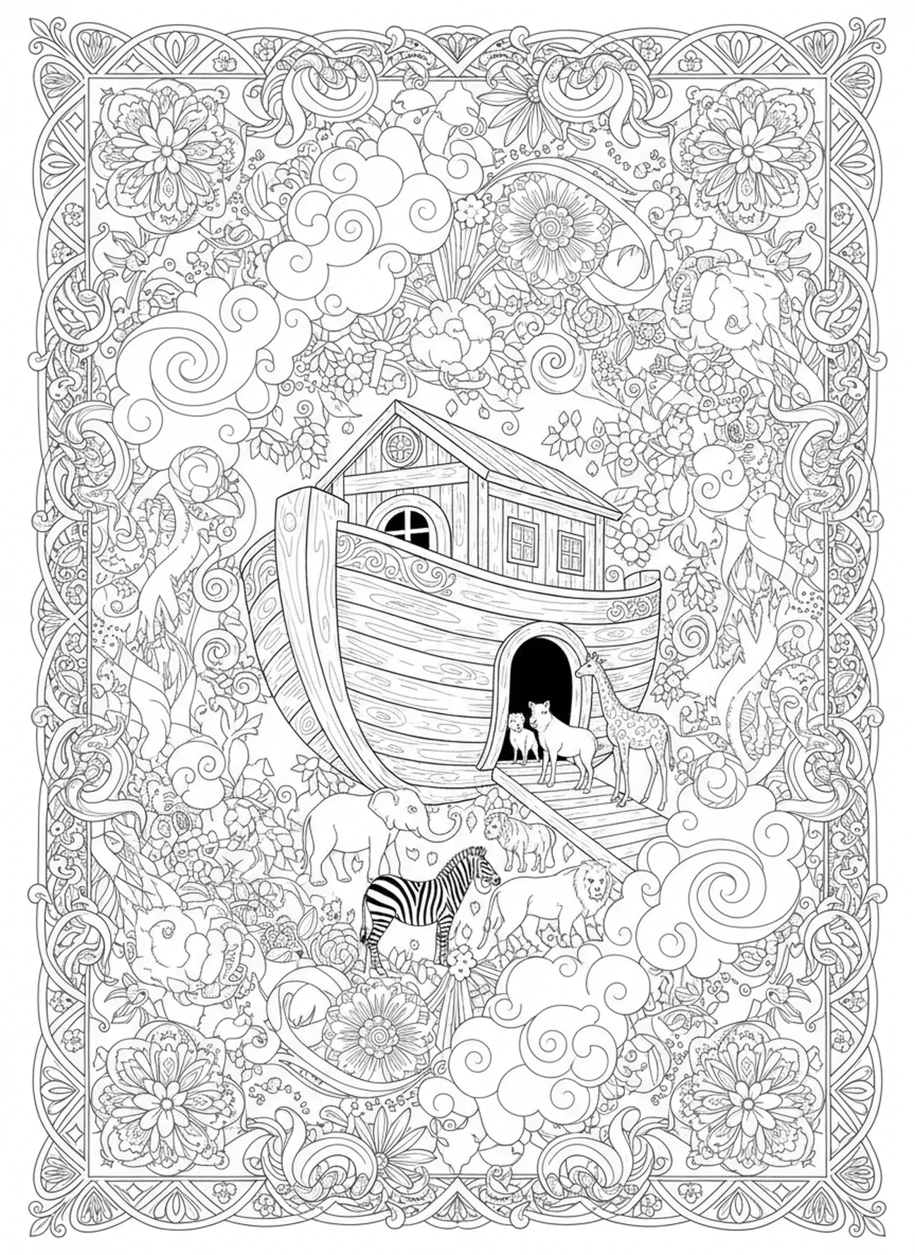 Paires d'animaux entrant dans l'arche, page à colorier Joie du Seigneur pour adultes dans un style de journal biblique