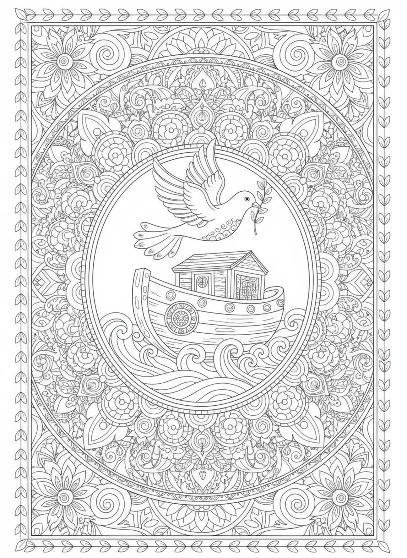 Colombe portant une branche d'olivier, page à colorier Joie du Seigneur pour adultes dans le style du journal biblique
