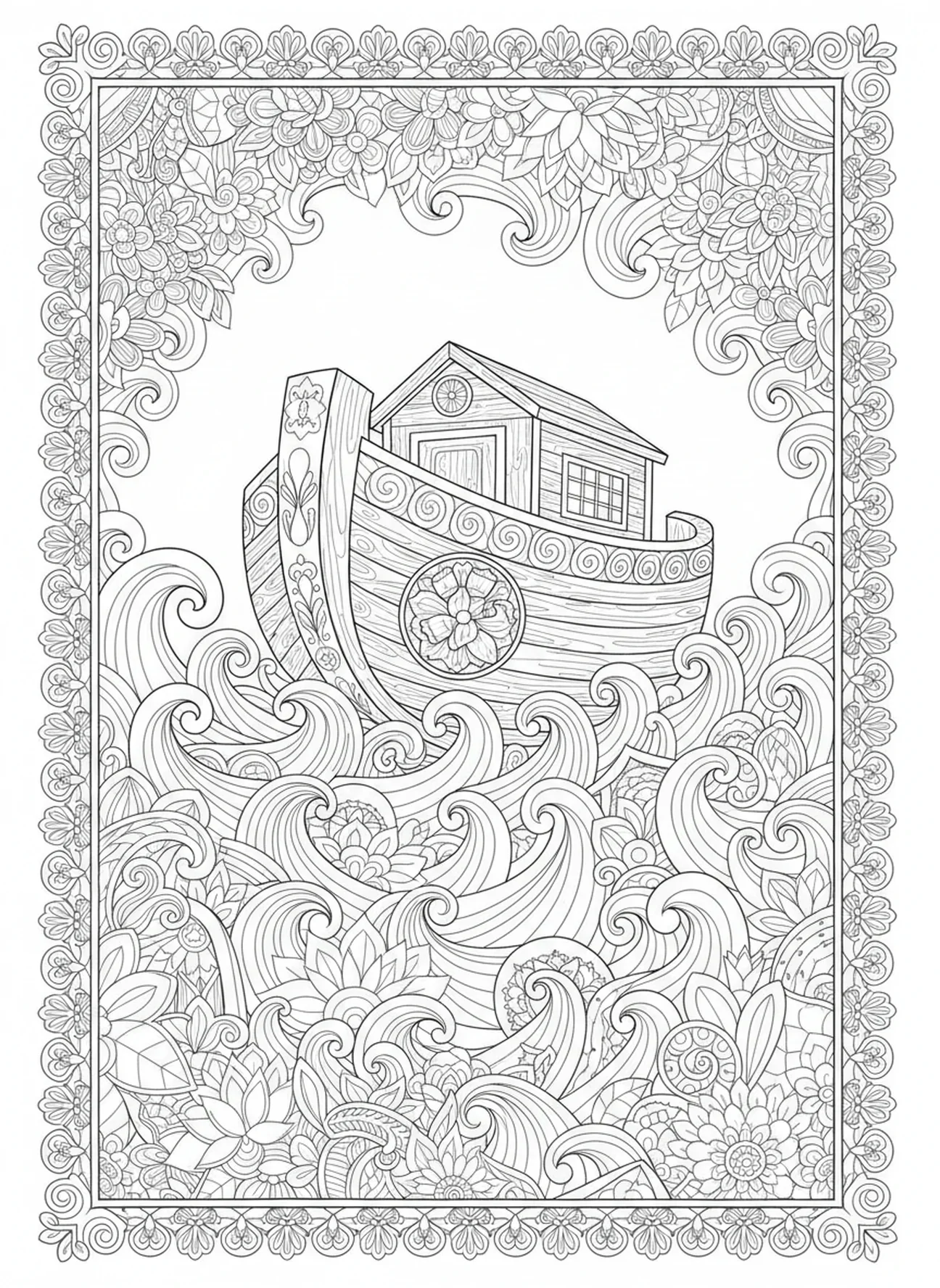 Eaux de crue entourant l'arche, page à colorier Joie du Seigneur pour adultes dans un style de journal biblique