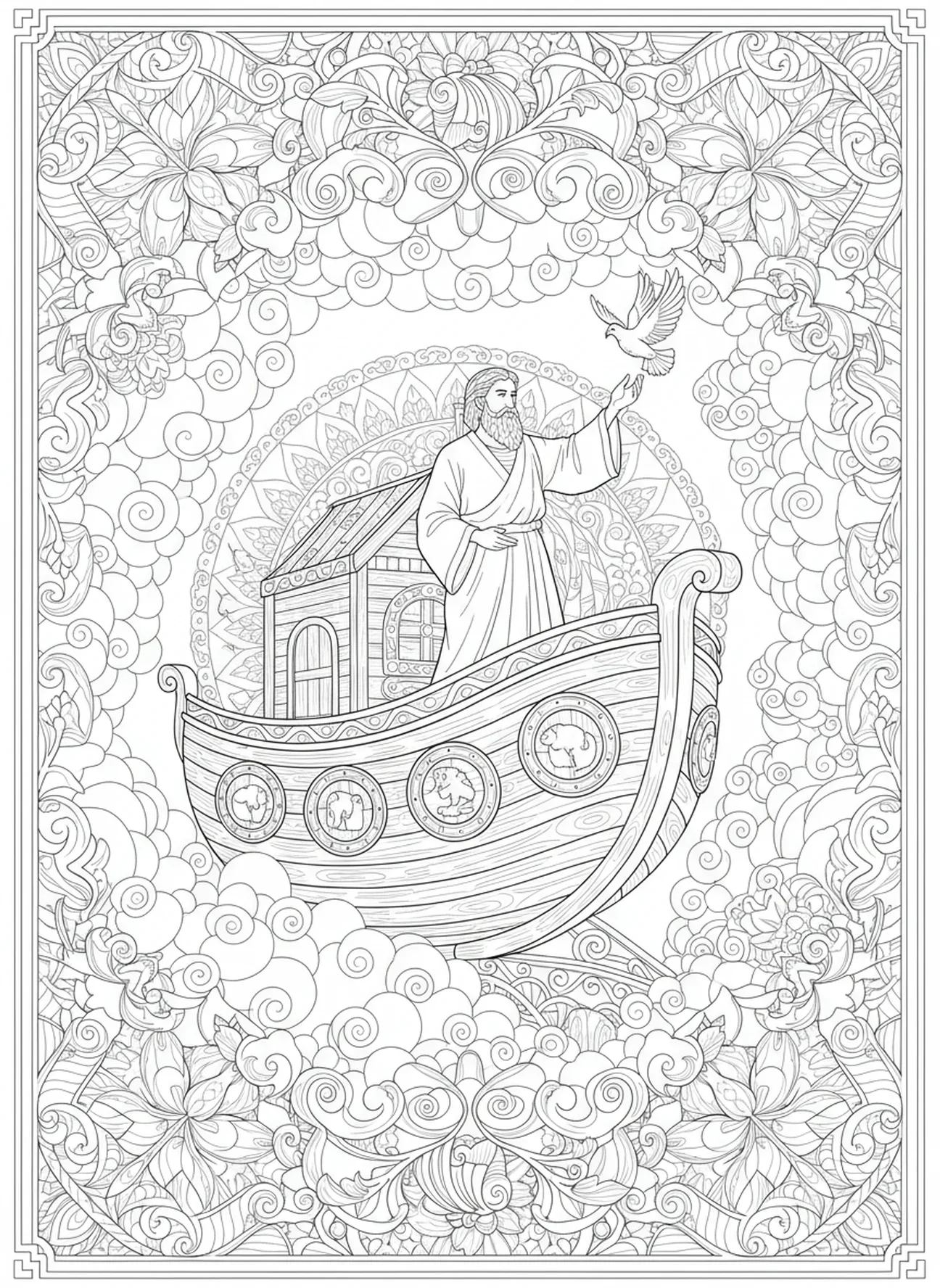 Noé libérant une colombe, page à colorier Joie du Seigneur pour adultes dans un style de journal biblique
