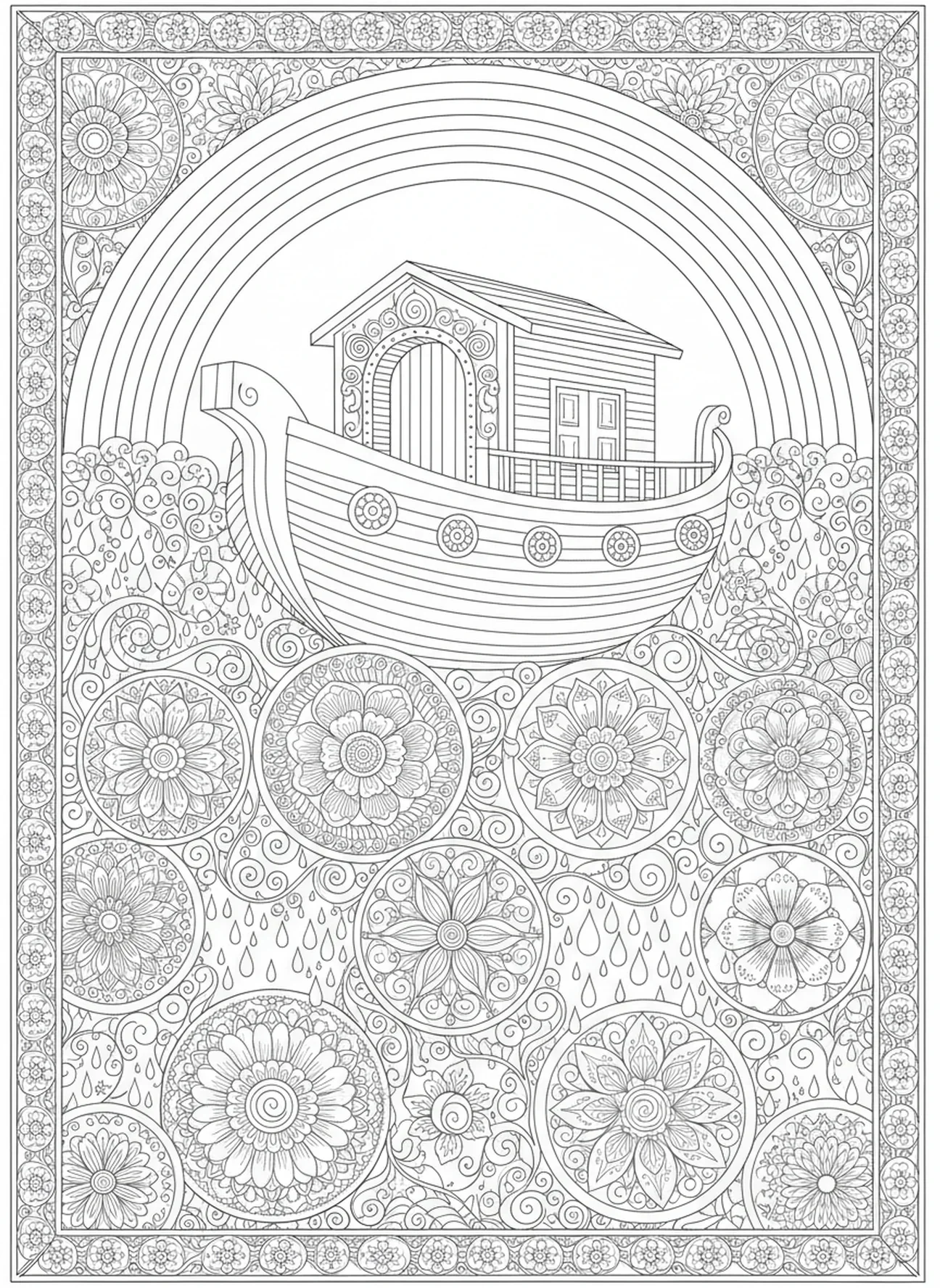 Arc-en-ciel au-dessus de l'arche, page à colorier Joie du Seigneur pour adultes dans le style du journal biblique