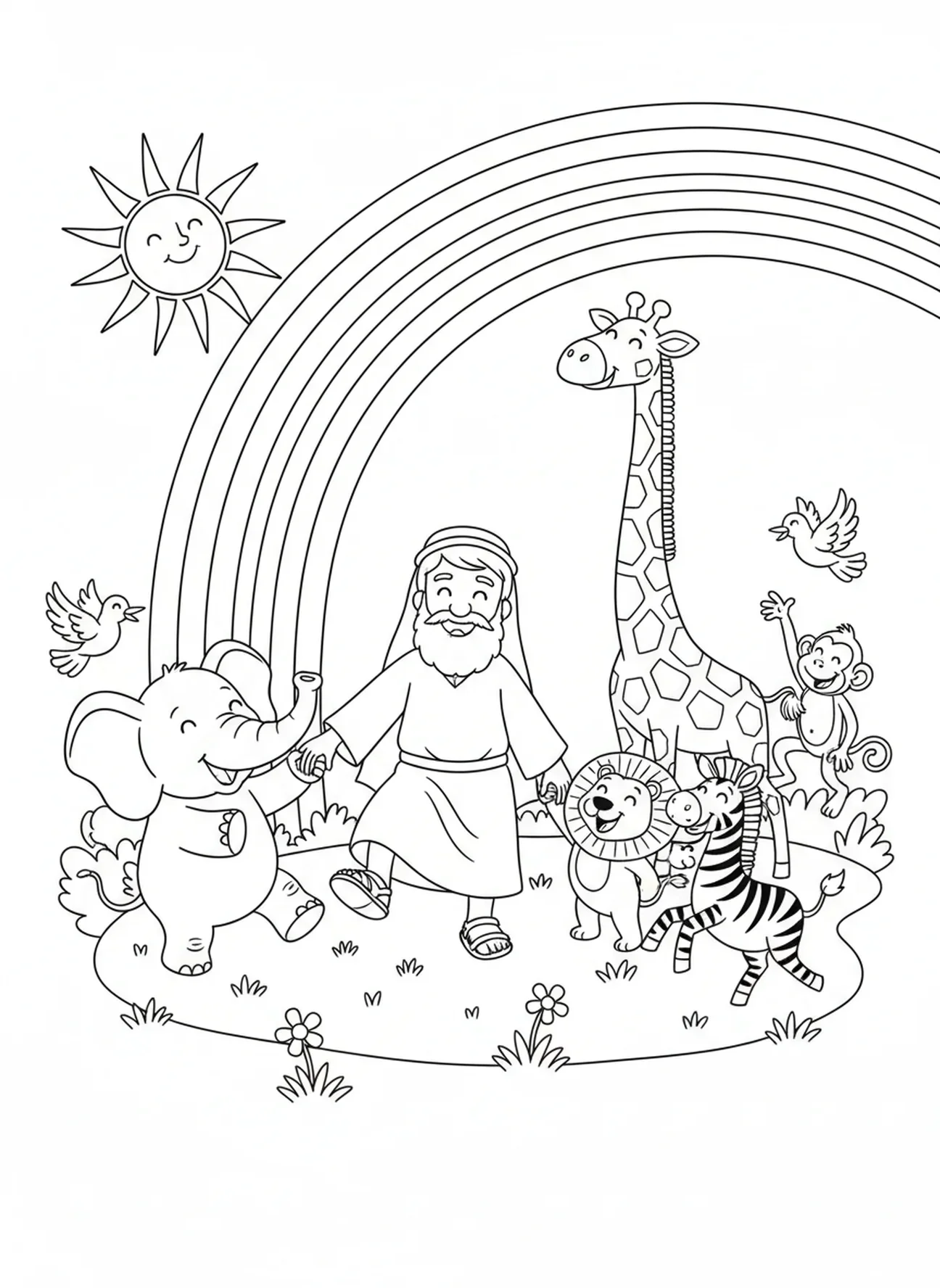 Noé celebrando com os animais, página de colorir Alegria do Senhor para crianças de 5 a 10 anos