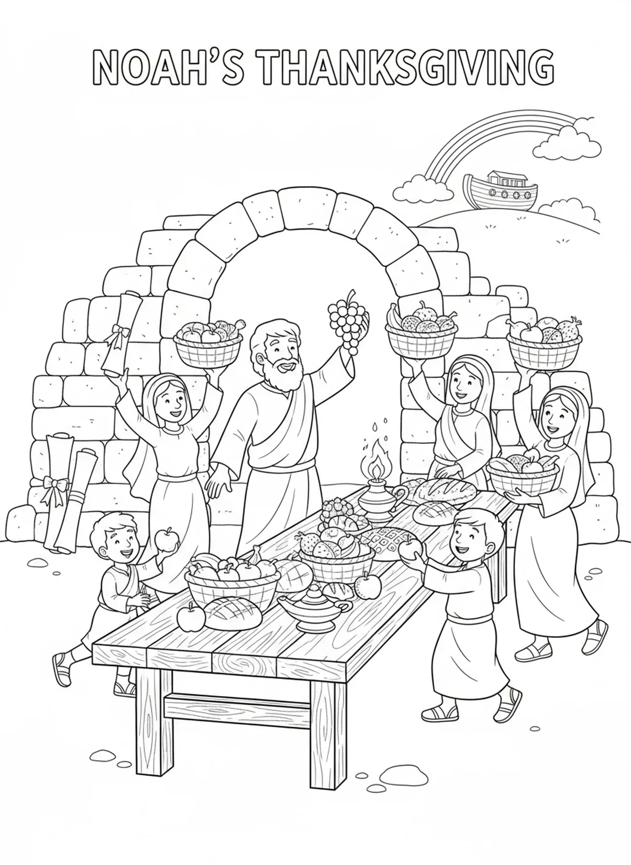 A família de Noé celebrando com frutas e pão, página de colorir Alegria do Senhor para crianças da Escola Dominical de 5 a 12 anos