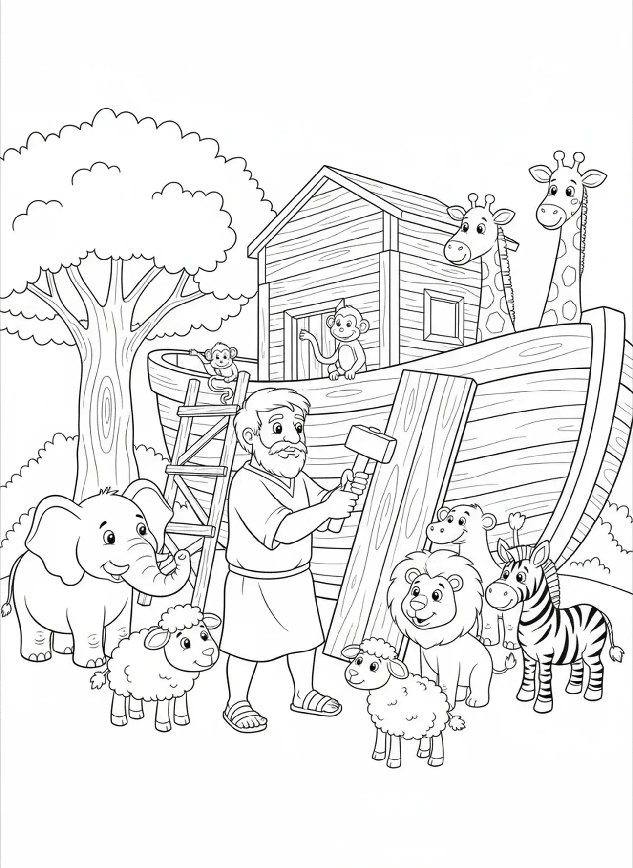 Noé martillando tablones, página para colorear de alegría para niños de 5 a 10 años.