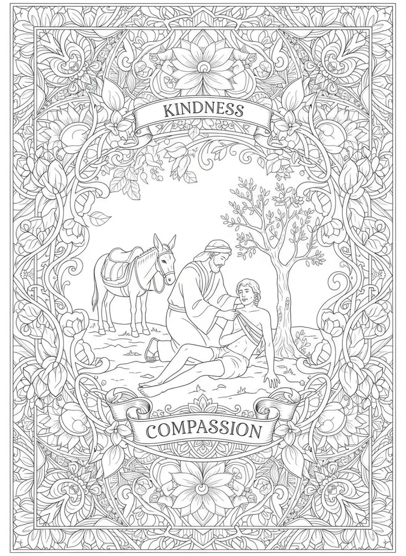 Samaritano ayudando, página para colorear de la balanza de la justicia estilo journaling bíblico para adultos.