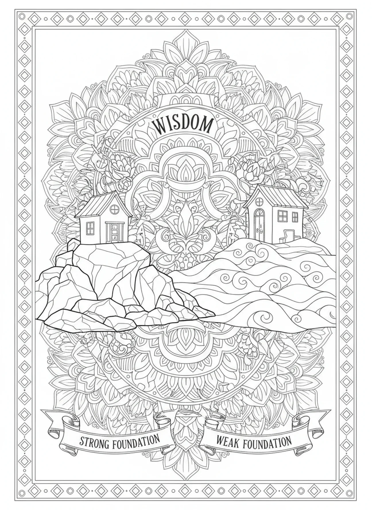 Dos casas, página para colorear de la Balanza de la Justicia estilo Biblia para adultos.