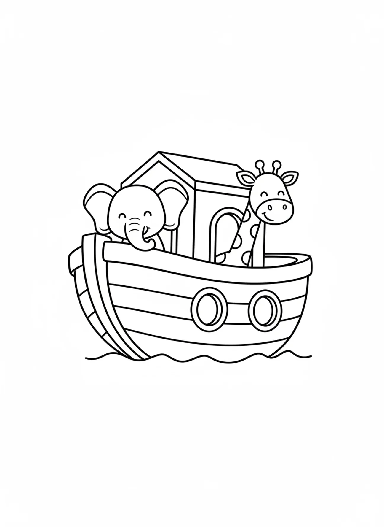 Animaux de dessin animé regardant par les fenêtres de l'arche, page à colorier sur la bonté pour les enfants d'âge préscolaire de 3 à 5 ans.