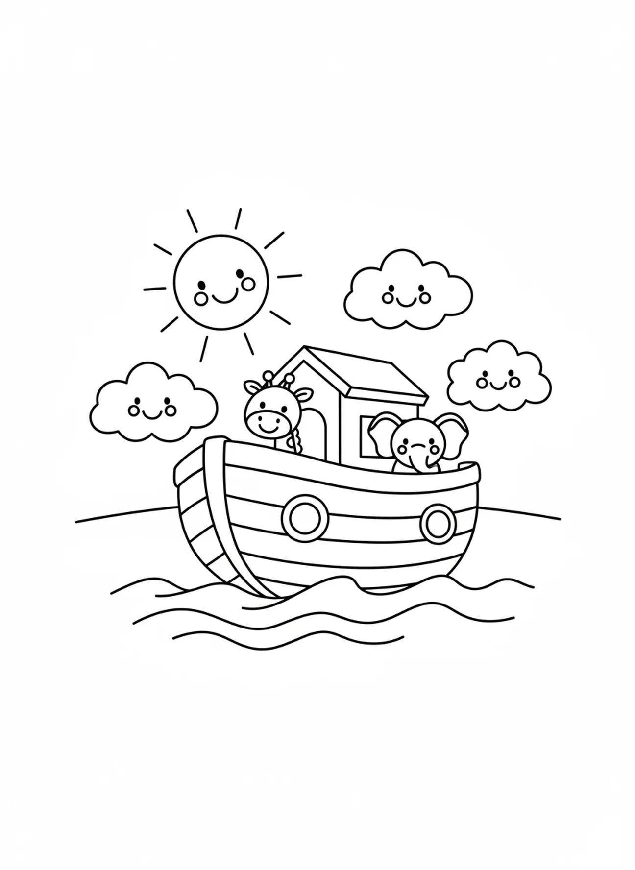 Arche sur des vagues avec un soleil souriant, page à colorier sur la bonté pour les enfants d'âge préscolaire de 3 à 5 ans.