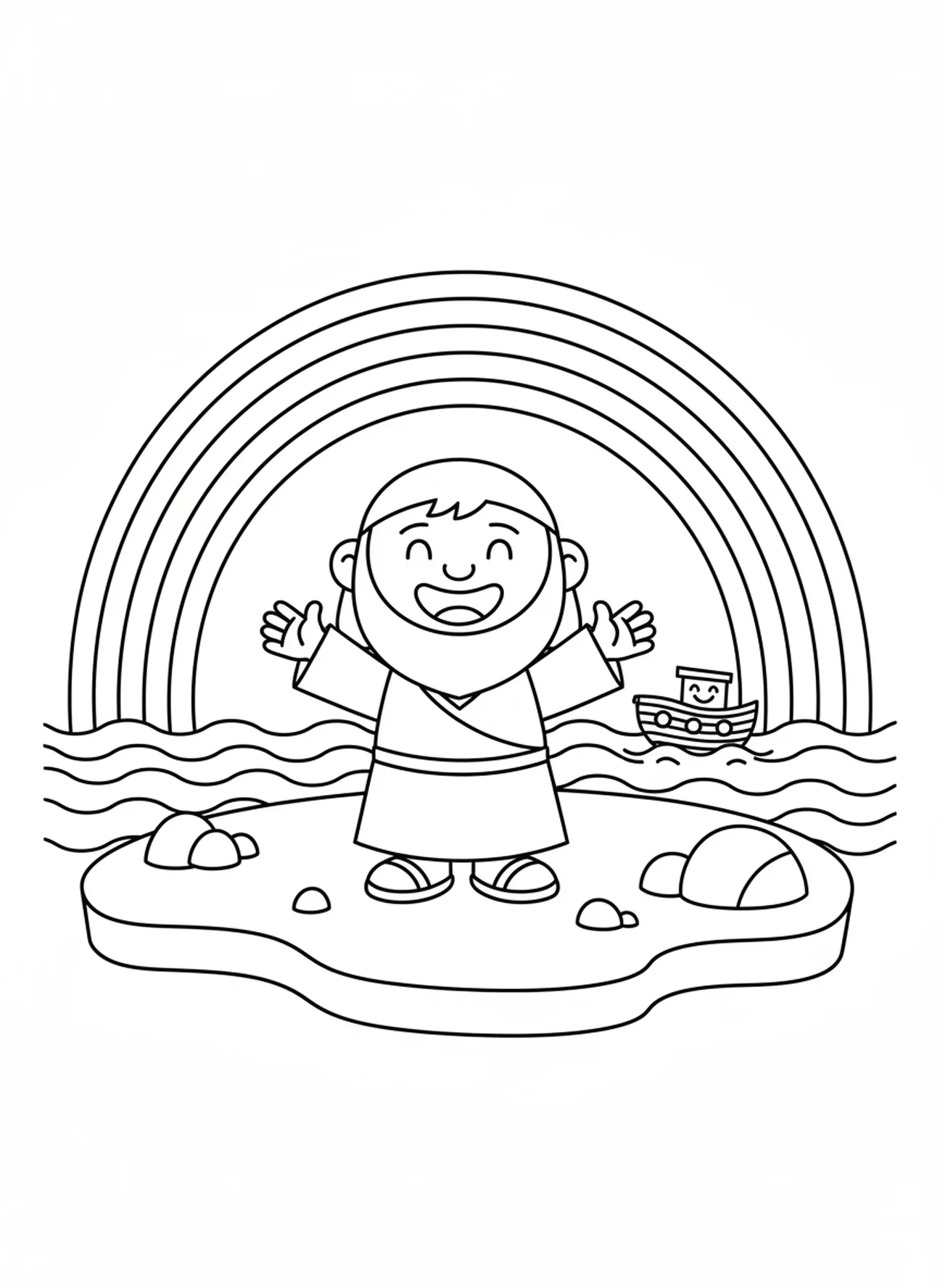 Arc-en-ciel au-dessus de Noé souriant, page à colorier sur la bonté pour les enfants d'âge préscolaire de 3 à 5 ans.