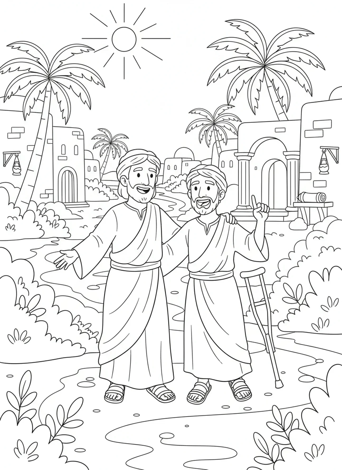 Um homem caminhando junto com um amigo curado, página de colorir sobre Bondade para crianças da Escola Dominical de 5 a 12 anos.