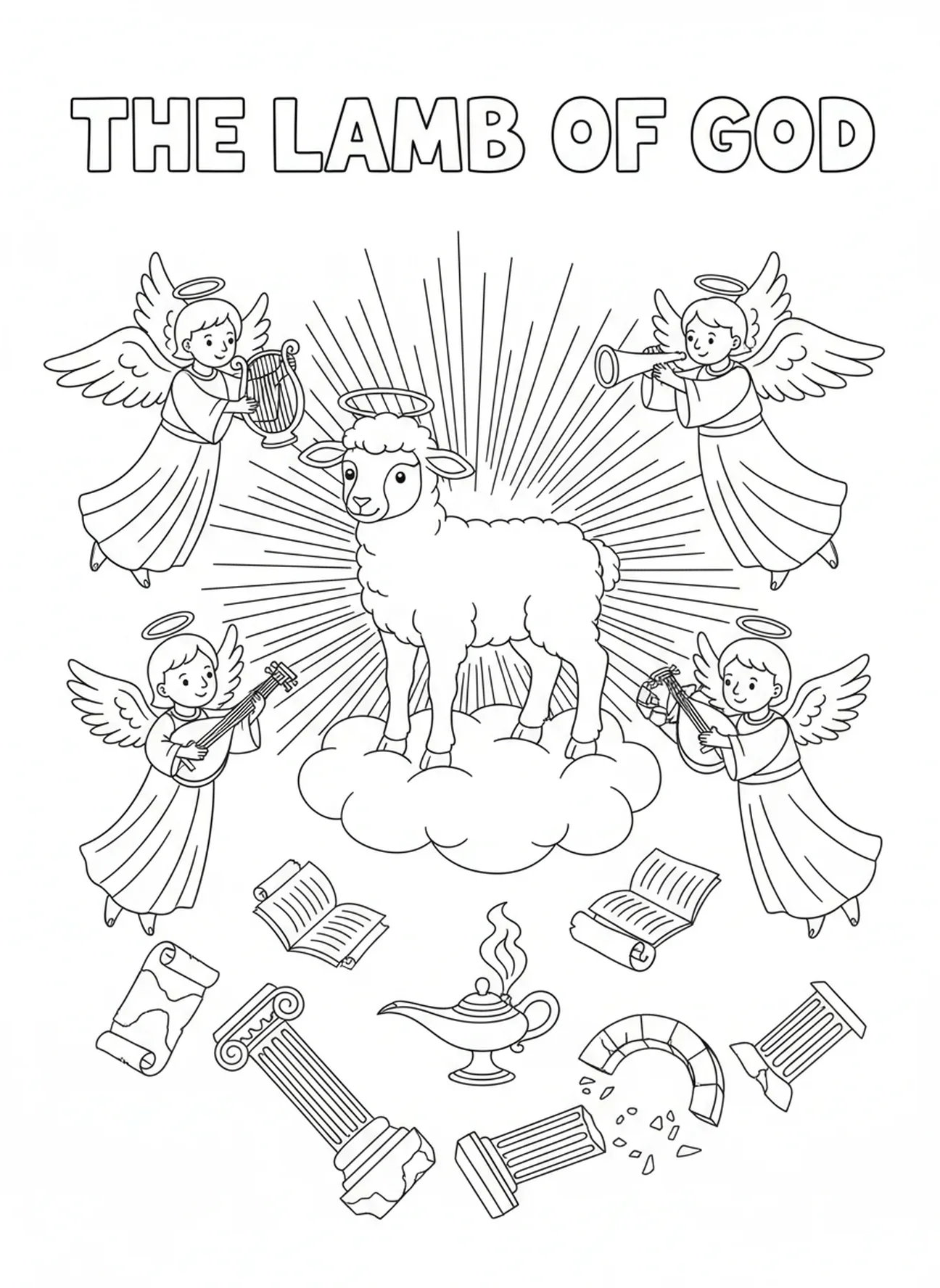 Agneau dans un royaume céleste, page à colorier Agneau de Dieu pour les enfants de l'École du dimanche âgés de 5 à 12 ans.